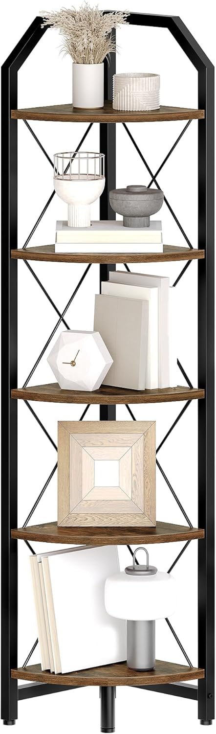 5-Tier Industrial Corner Bookshelf with Rustic Design