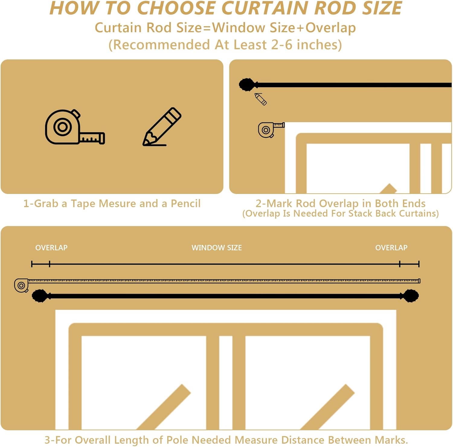 Adjustable Curtain Rods 48-84 Inches 1 Inch Diameter Gold Finials