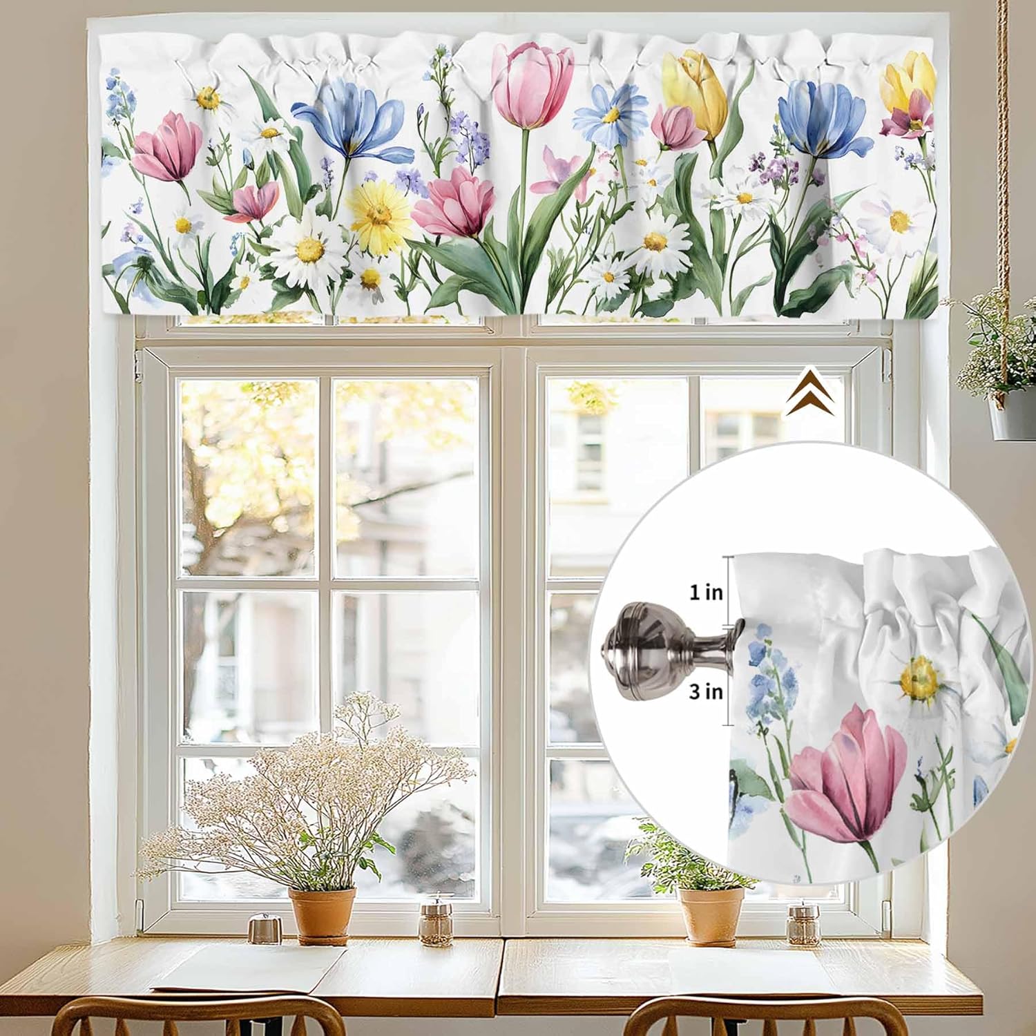 Tersuger Spring Daisy Tulip Kitchen Valance Curtain