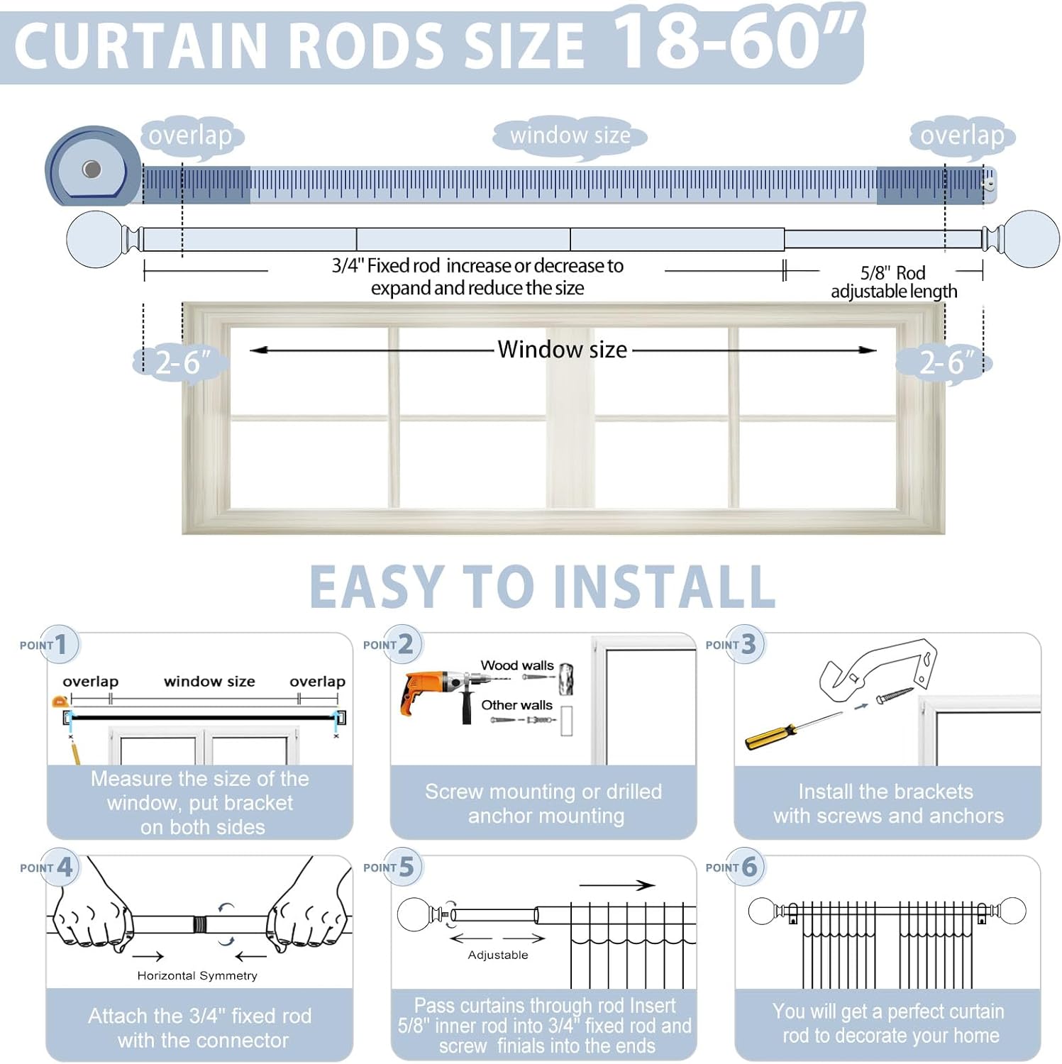 TVWOO Gold Crystal Curtain Rods 18-60 Inch