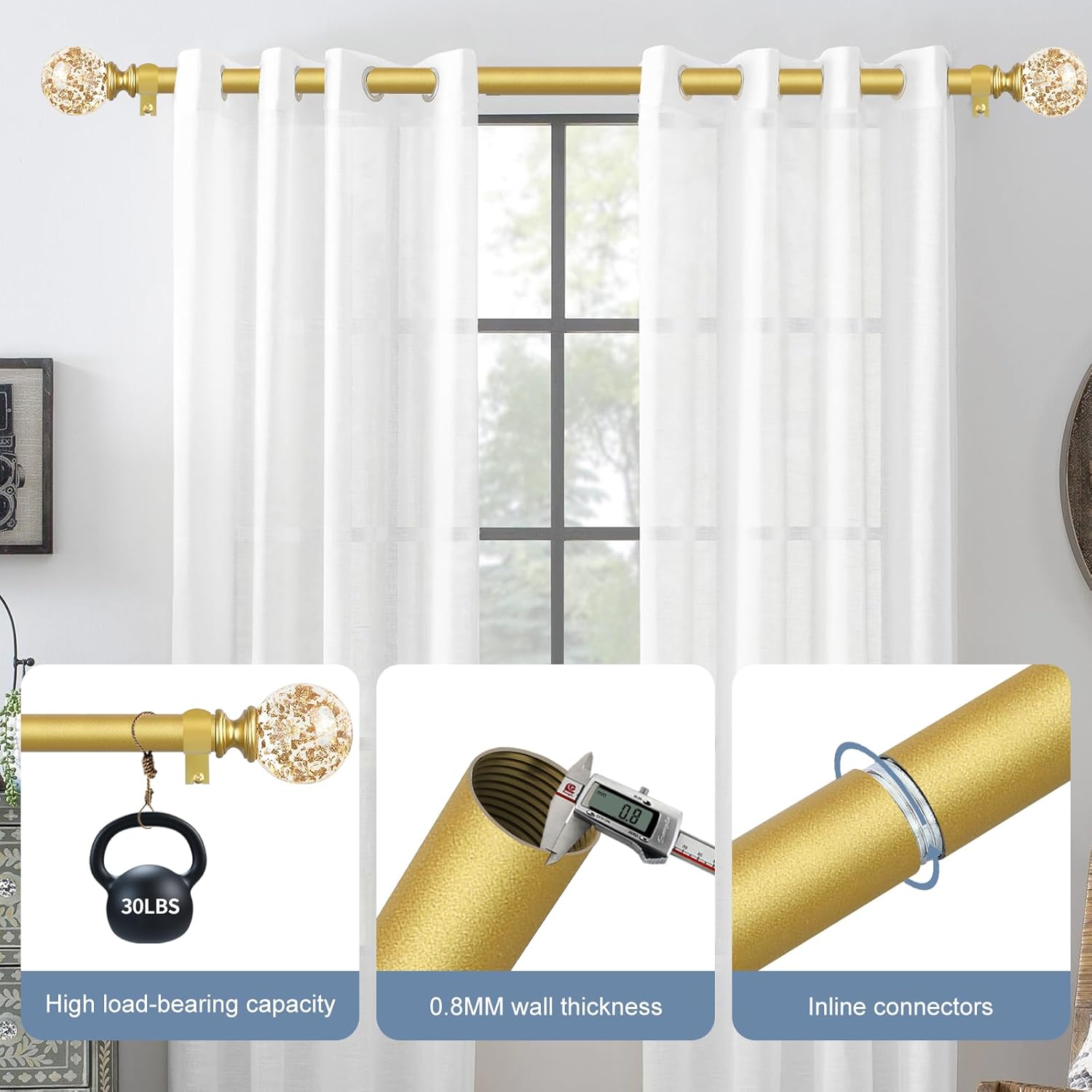 TVWOO Gold Crystal Curtain Rods 18-60 Inch