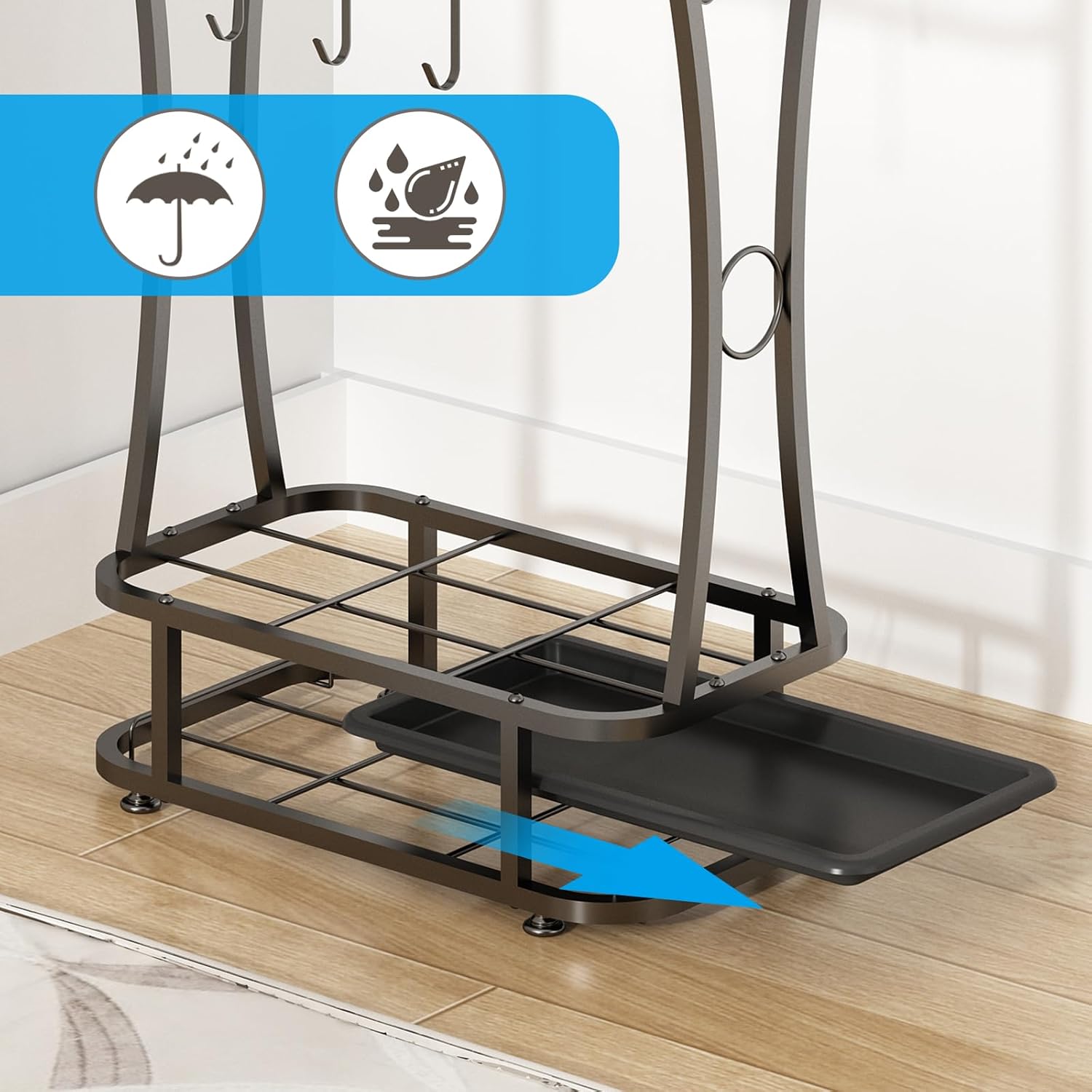Wisdom Star Industrial Metal Umbrella Stand with Drip Tray and 6 Hooks
