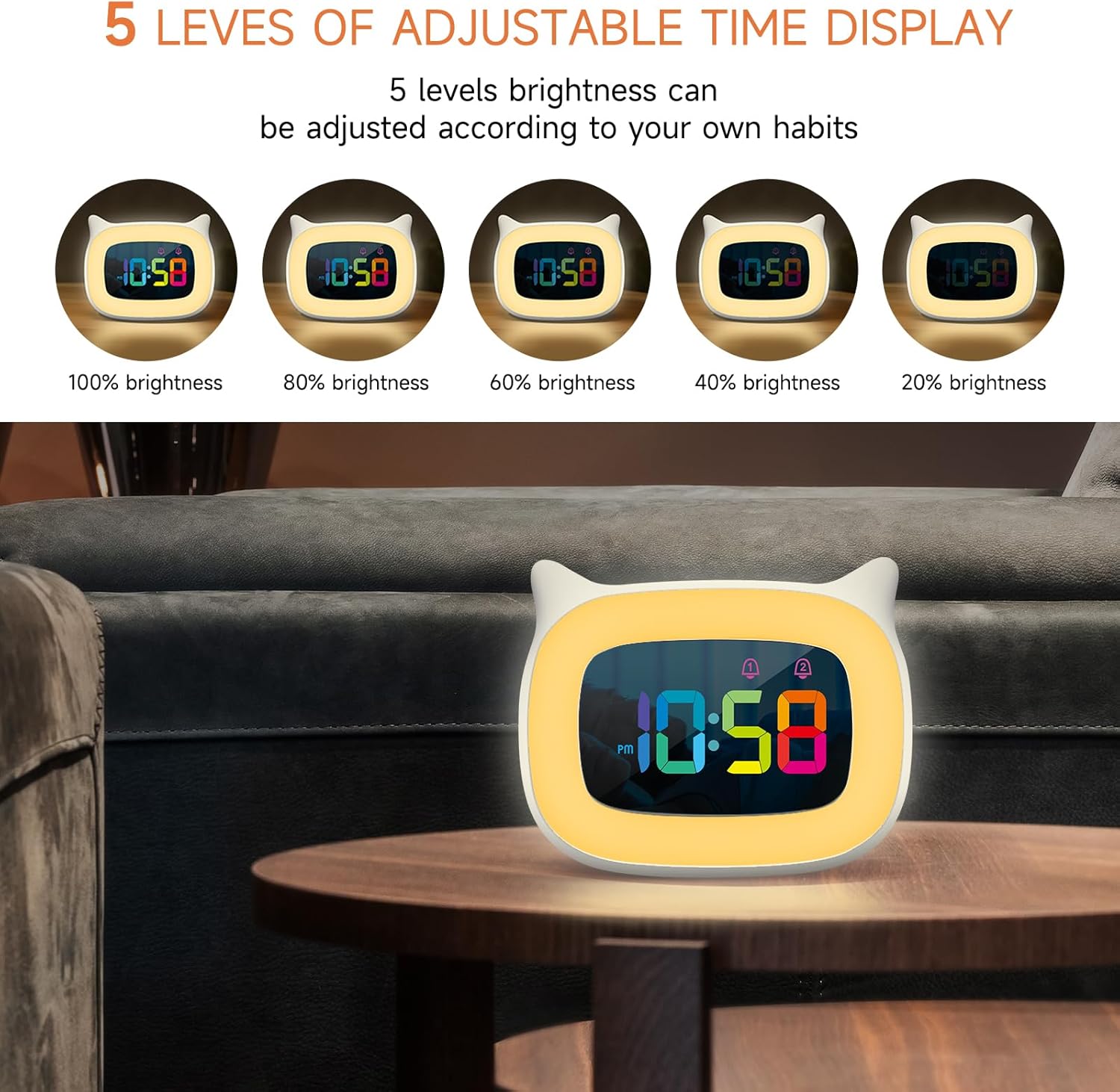 Cute Cat Ear Alarm Clock with RGB Night Light and 18 Ringtones