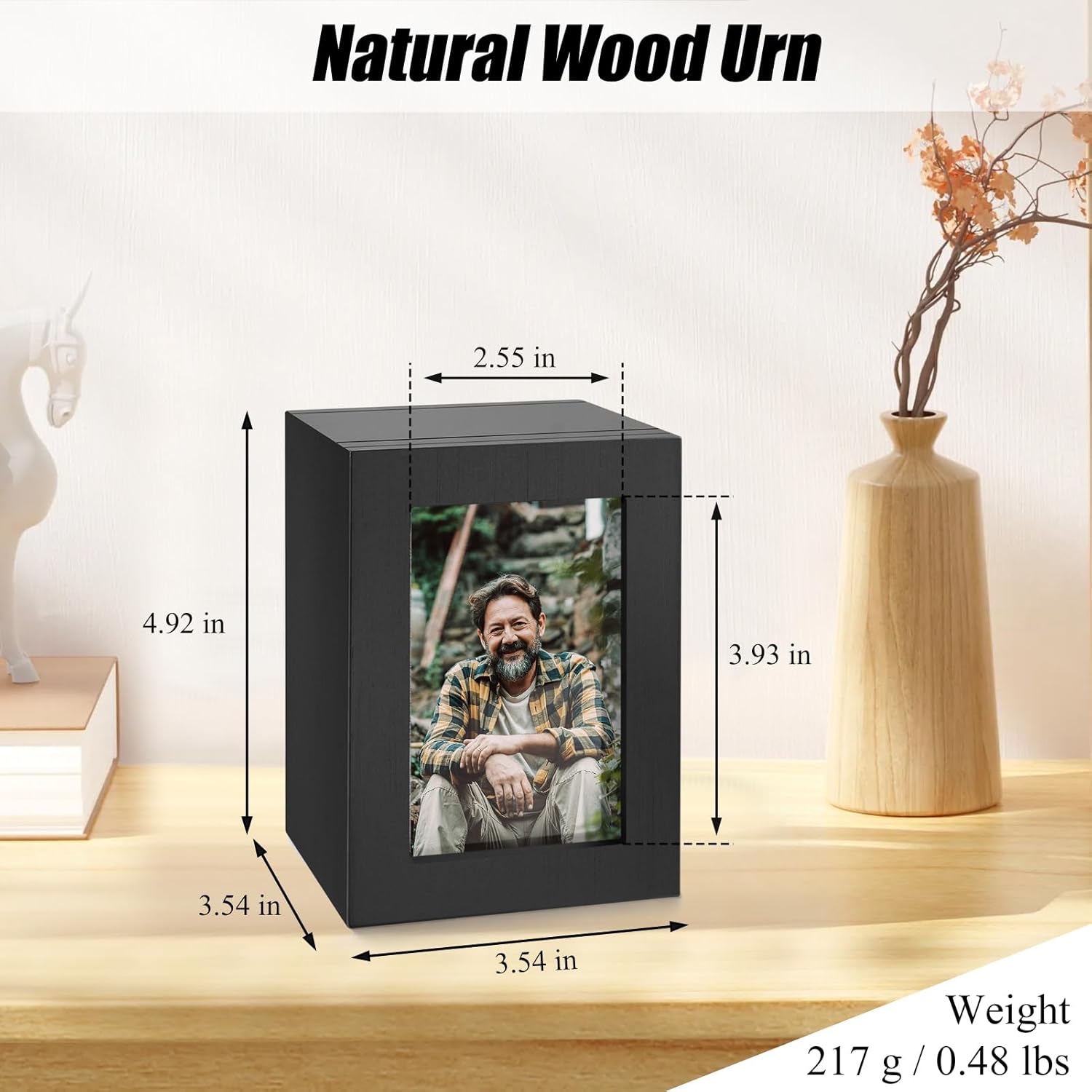 SOITIS Small Wood Urn for Human Ashes Black with Photo Frame