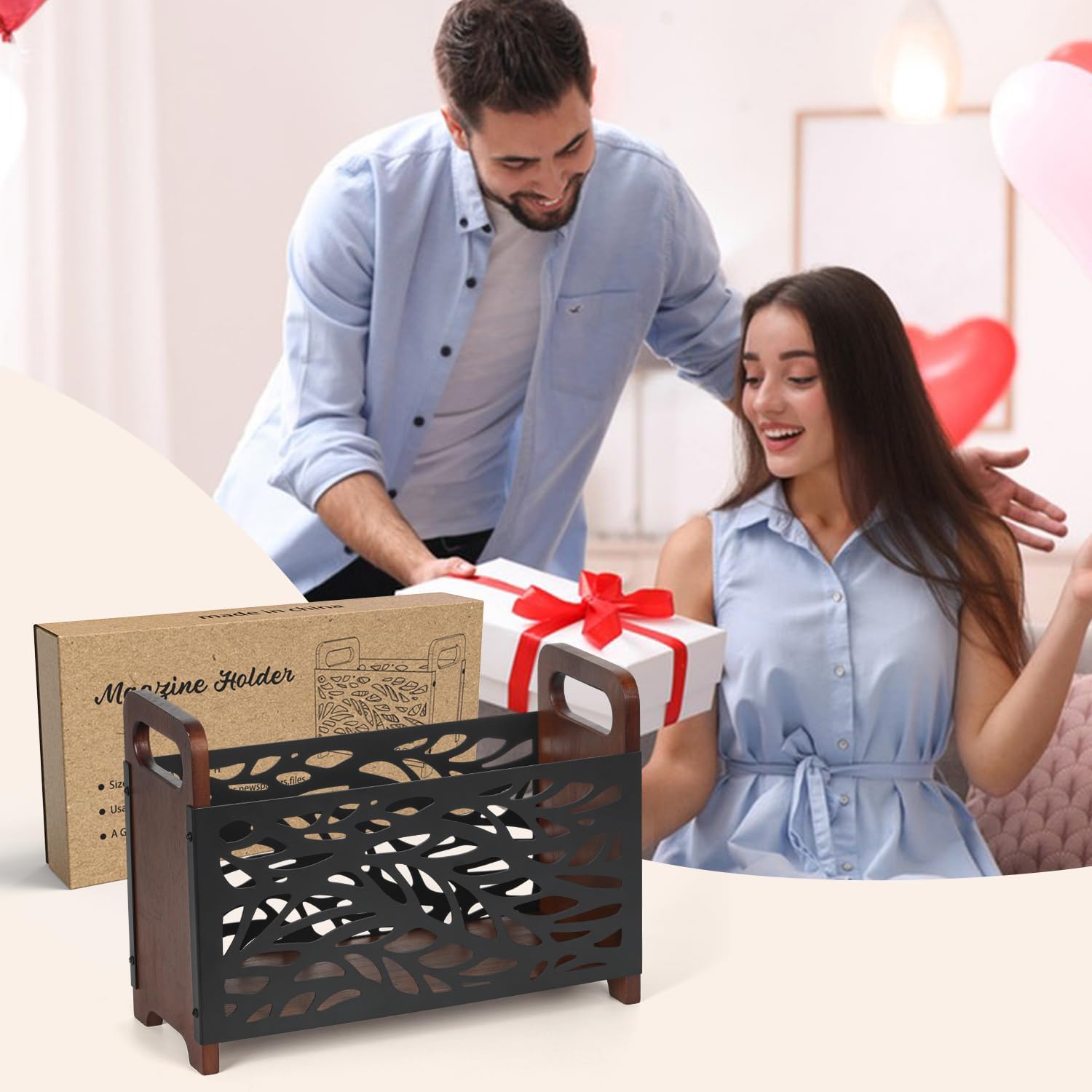 Qilichz Magazine Holder with Handles Wood Rack Rustic Design