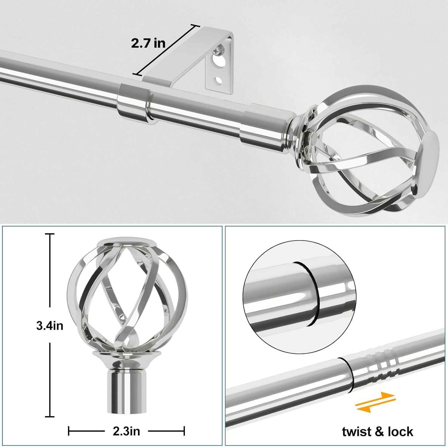 Chrome Silver Curtain Rods 66-120 Inch Adjustable