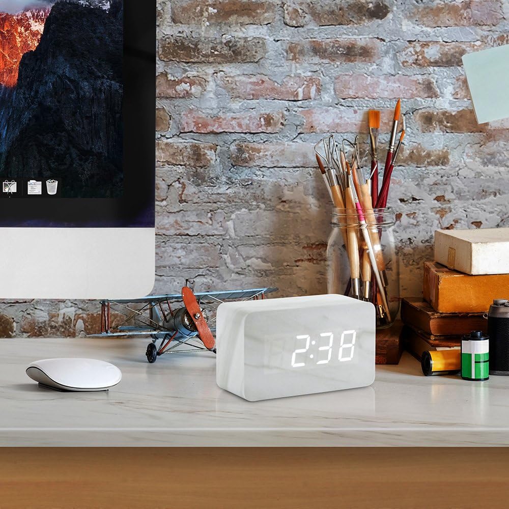 OCT17 Marble Pattern Alarm Clock with USB and Voice Control
