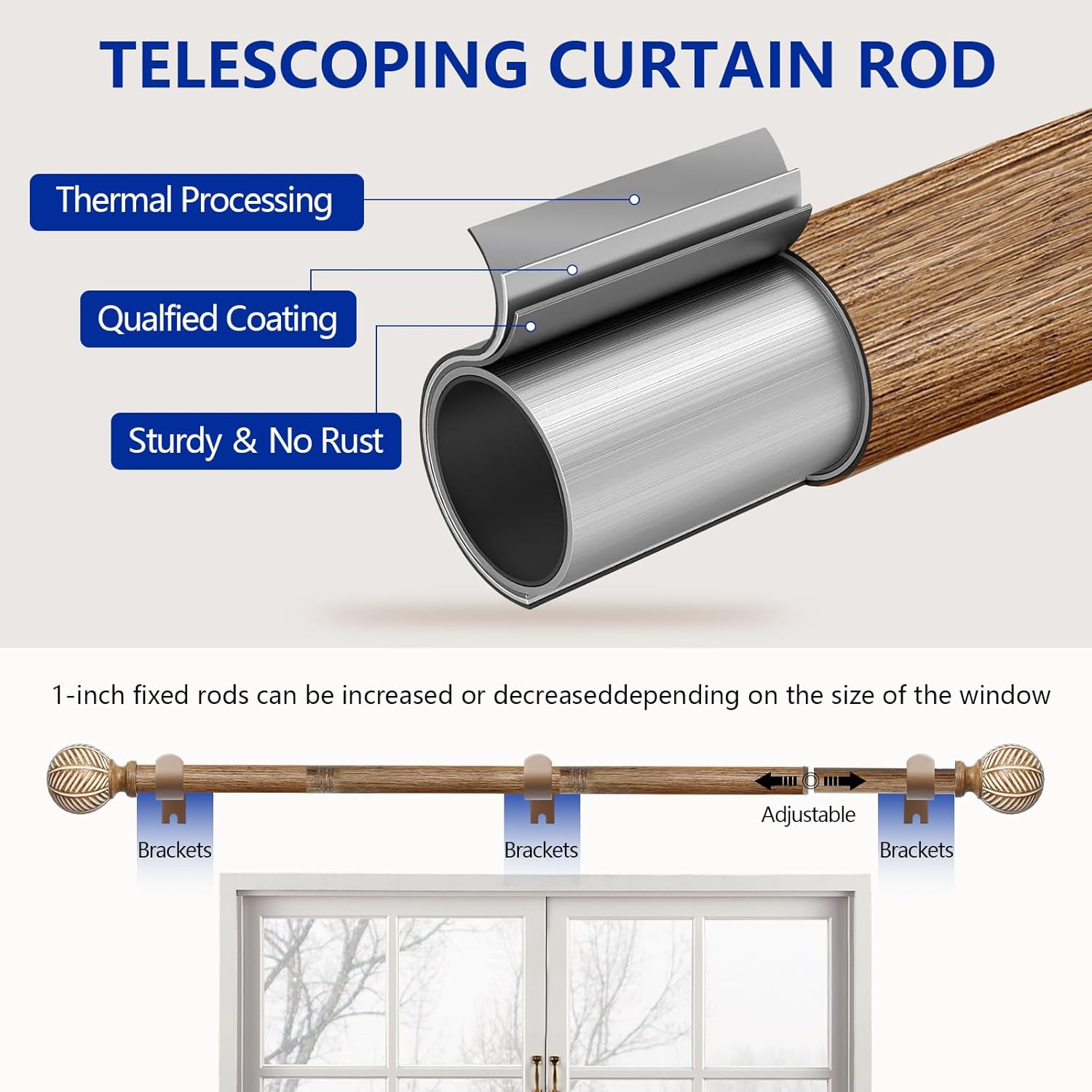 Adjustable Wood Curtain Rods 72-144 Inch 2 Pack Heavy Duty
