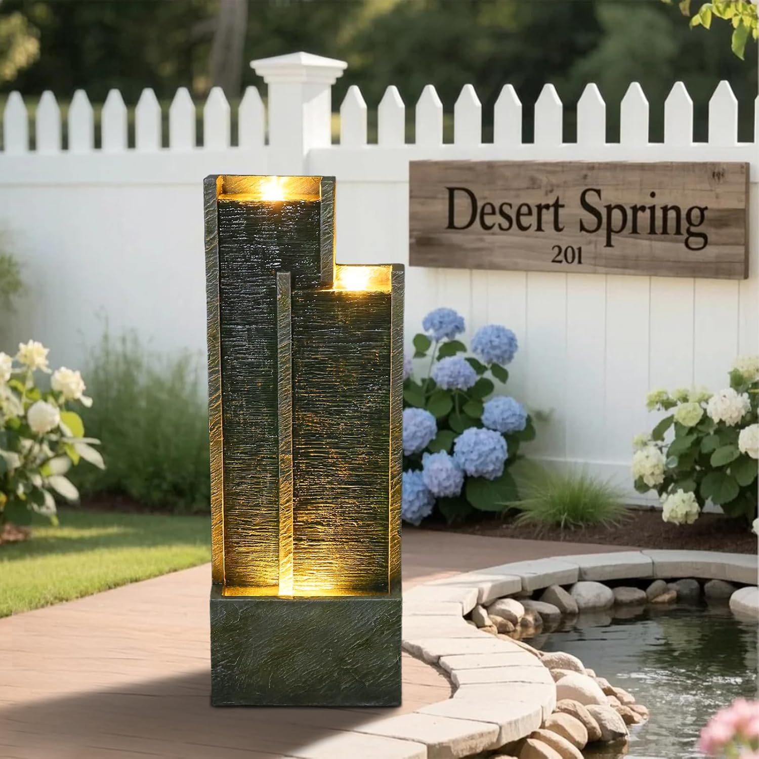 354 Inch Modern Waterfall Fountain with Lights and Gentle Flow
