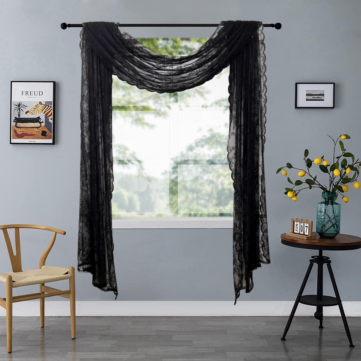 Elegant Black Lace Valance Curtain 144 Inch Long