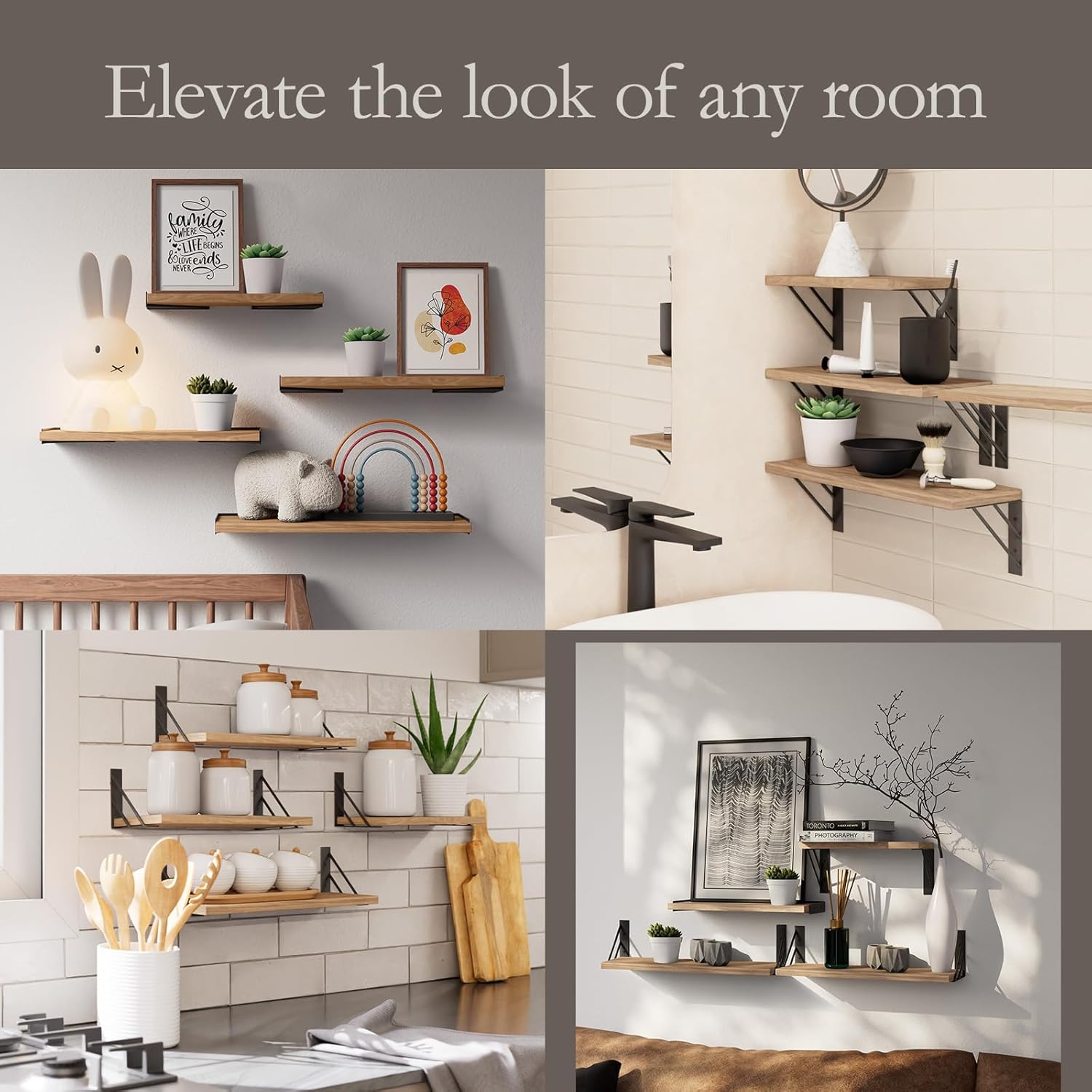 BAYKA Floating Wall Shelves Set of 4 Rustic Brown