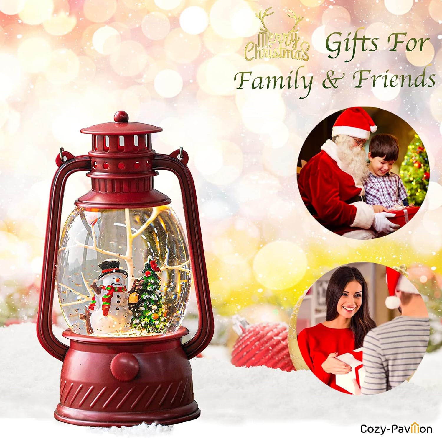 Christmas Musical Red Snow Globe Lantern with Snowman and Glitter