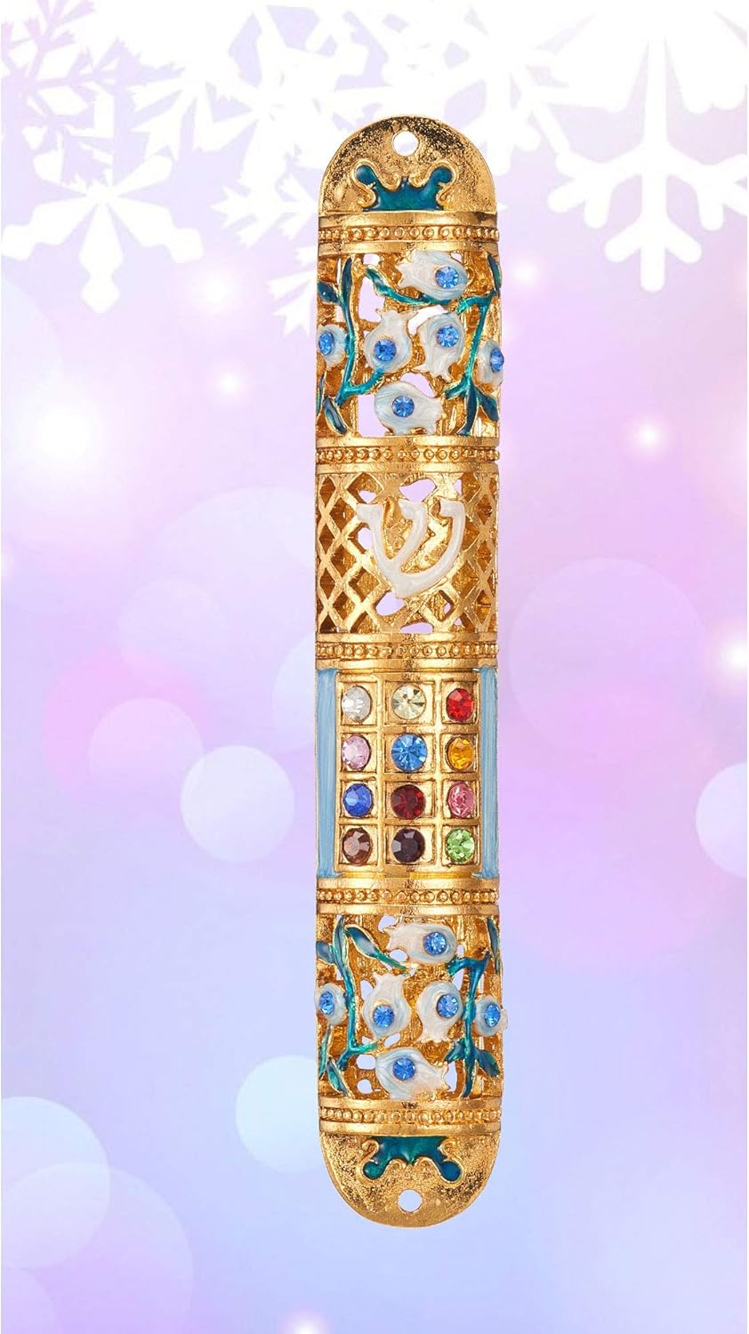 Matashi Hand Painted Enamel Mezuzah with Crystals and Gold Accents