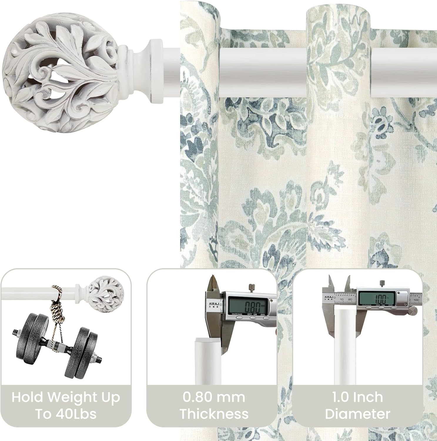 Weathered White Adjustable Curtain Rods 36-88 Inch