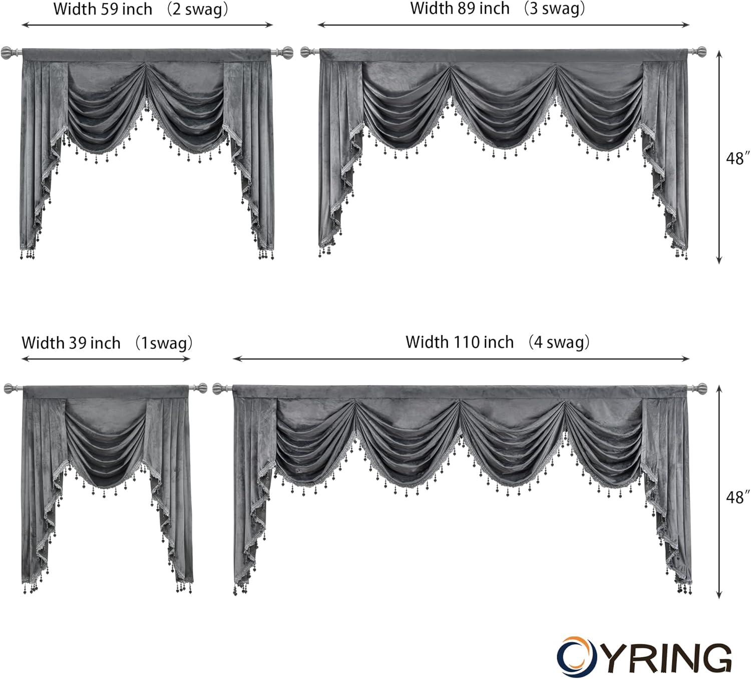 Gray Velvet Valance Swag for Bedroom and Living Room