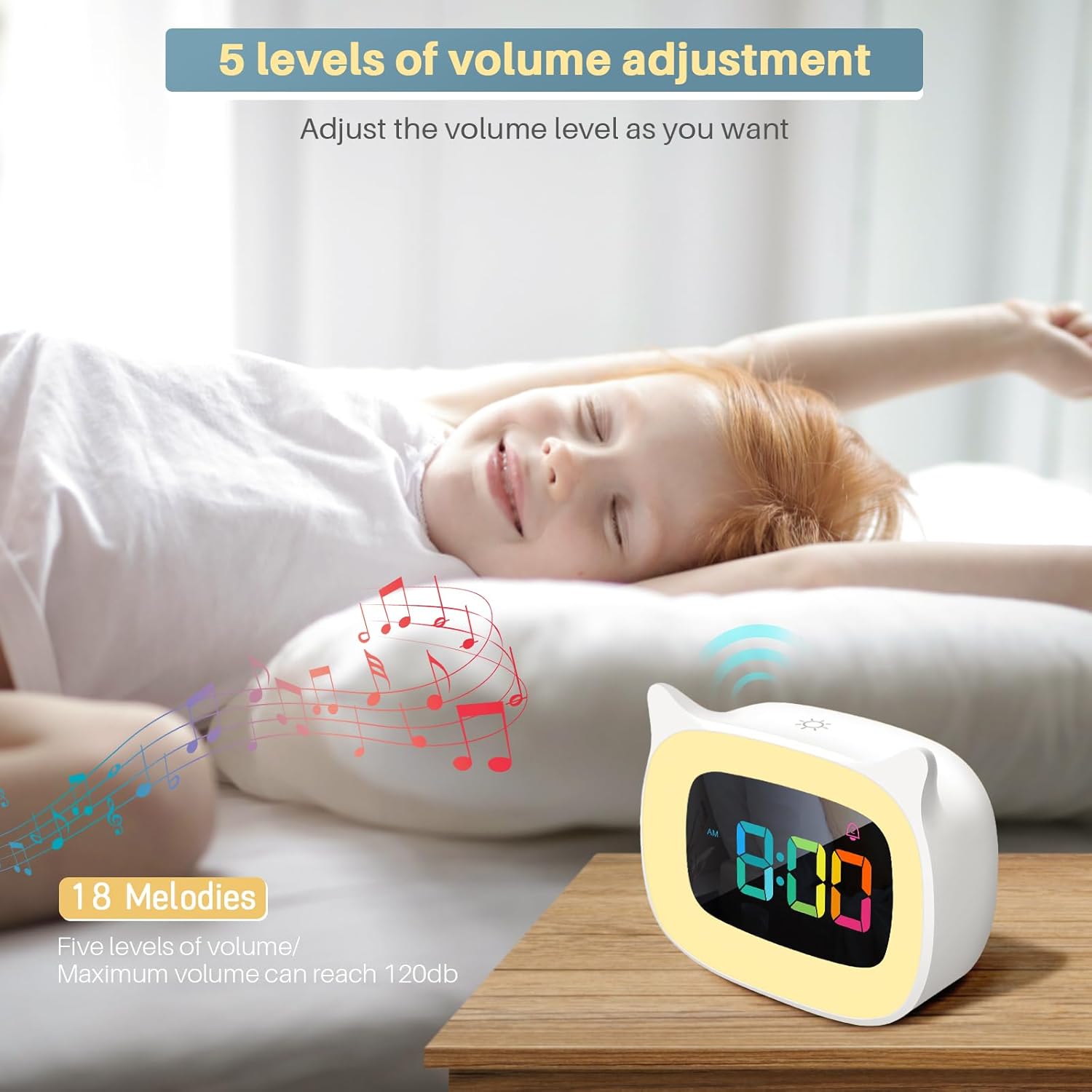Cute Cat Ear Alarm Clock with RGB Night Light and 18 Ringtones