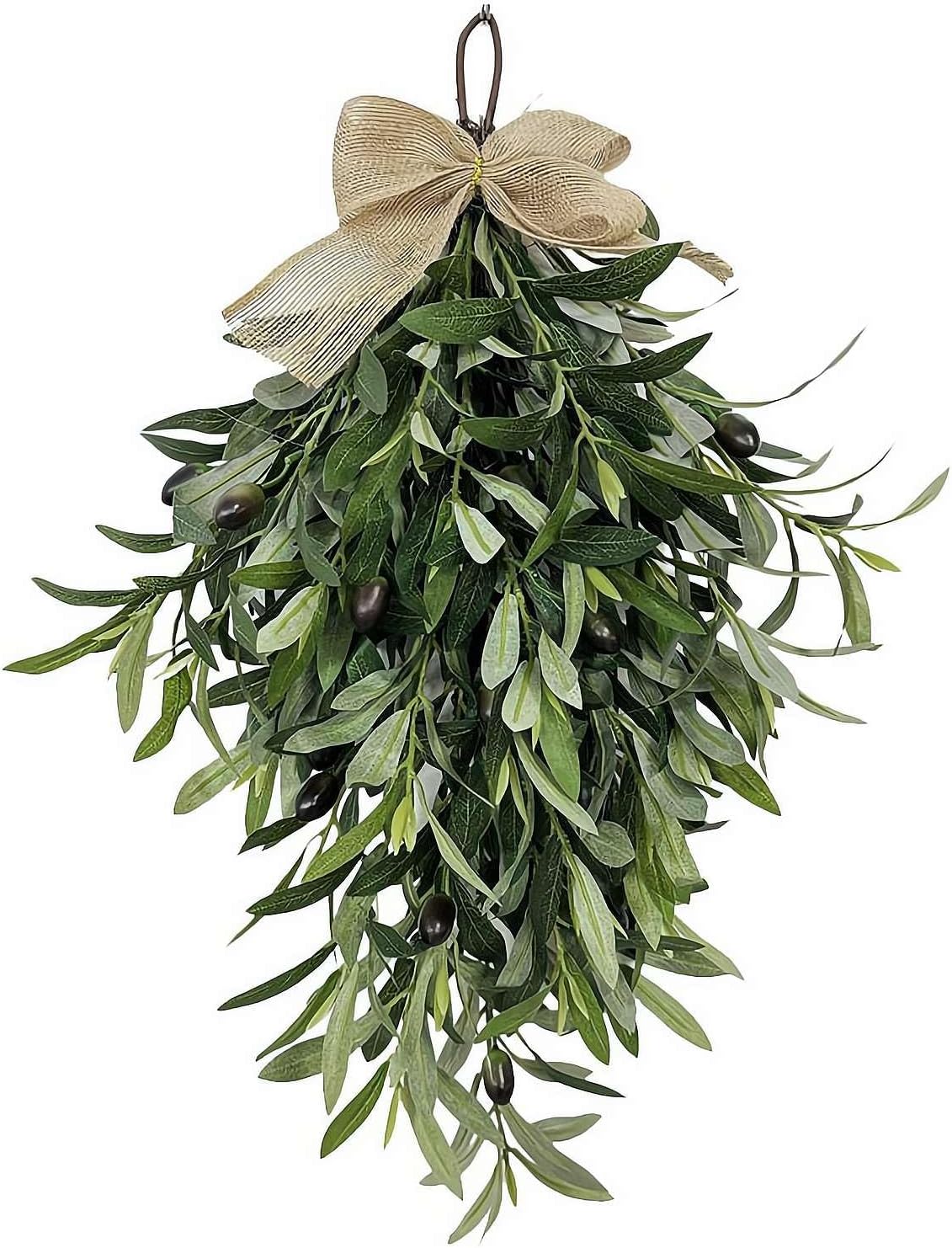 Artificial Olive Teardrop Swag Wreath with Bow