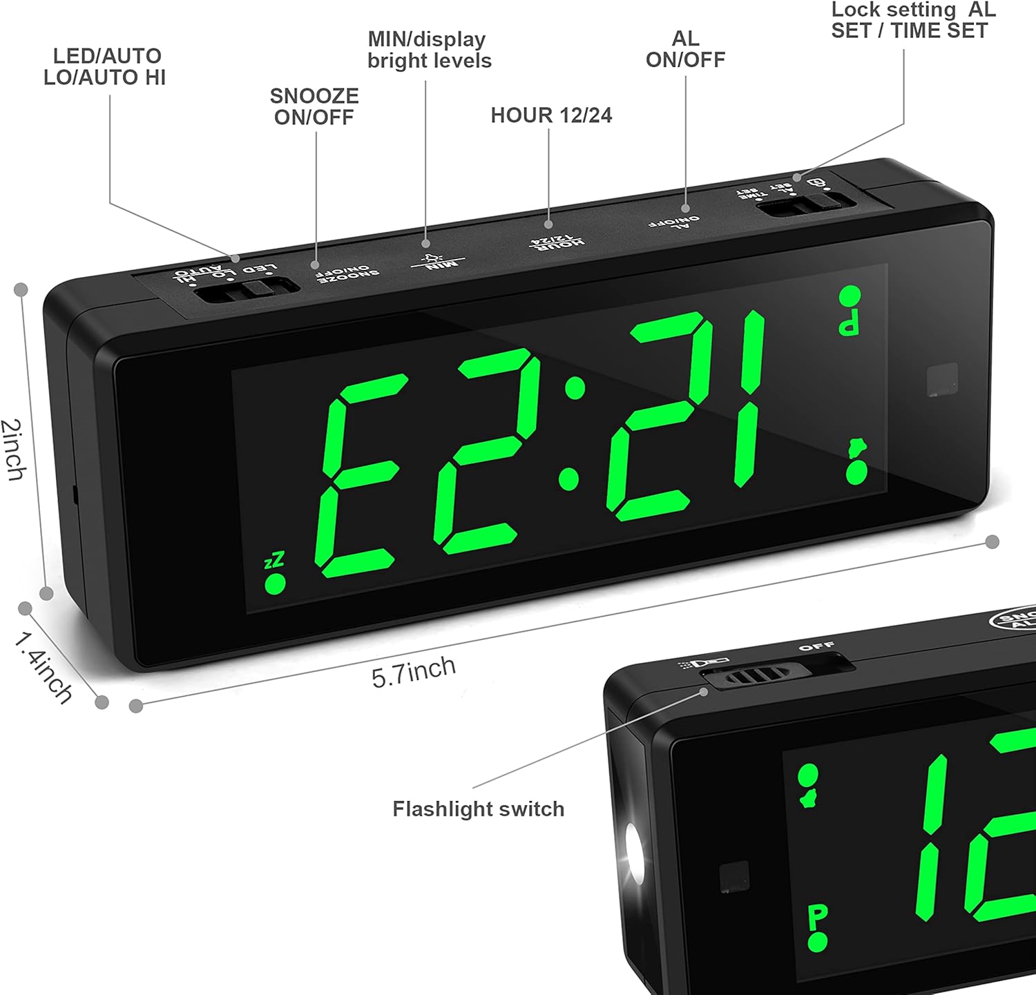 Digital Alarm Clock with Hybrid LED LCD Display and Emergency Flashlight