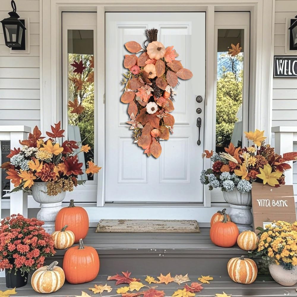 Artificial Fall Teardrop Swag Wreath 26 Inch Halloween Decor