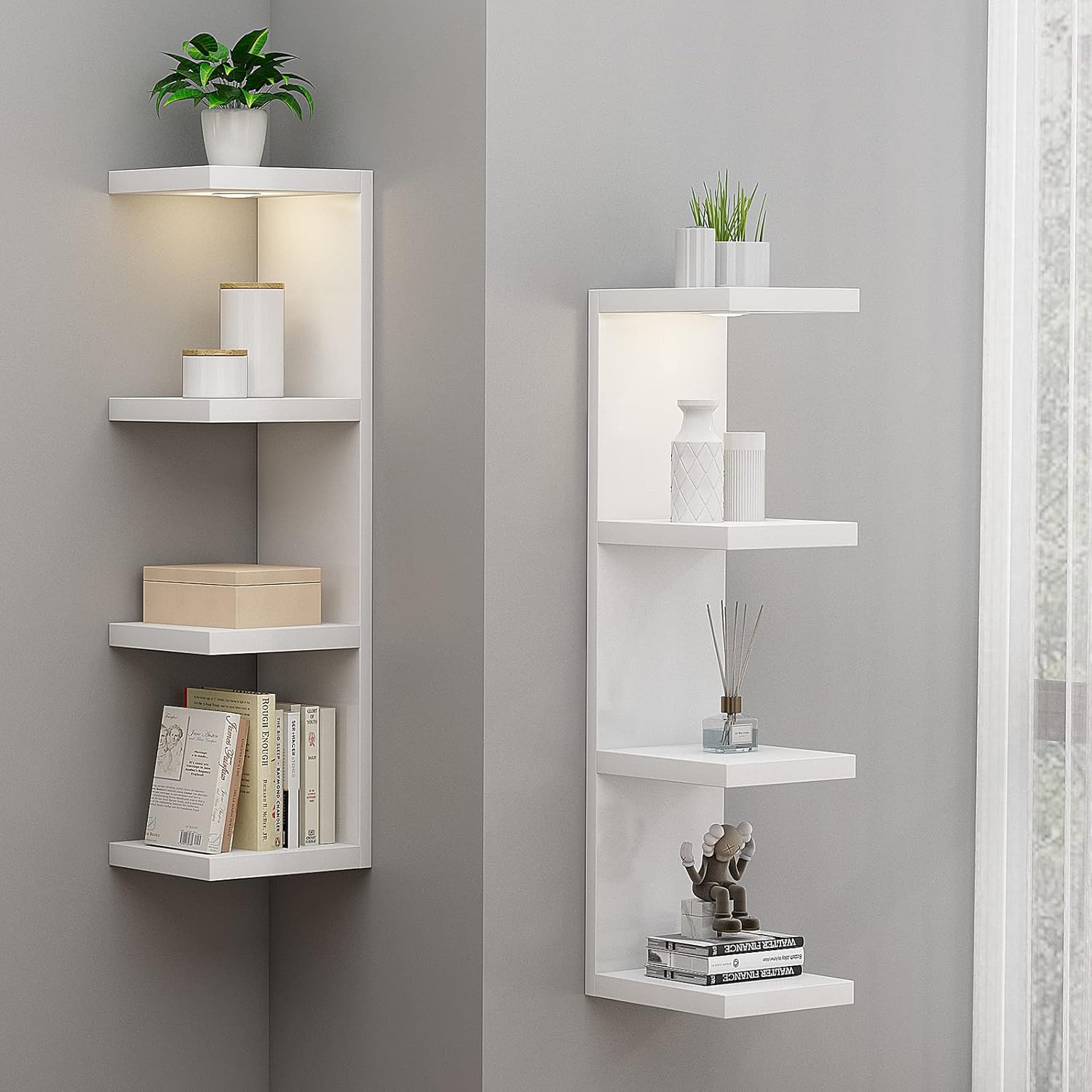 White Floating 4 Tier Wall Shelf with LED Light