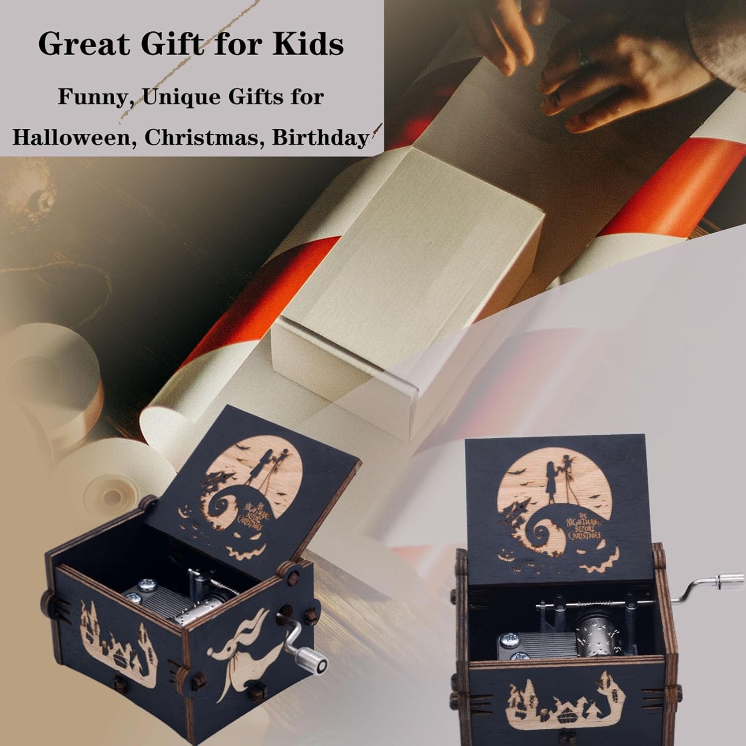 Keast Funny Wooden Hand Crank Music Box Halloween Decor