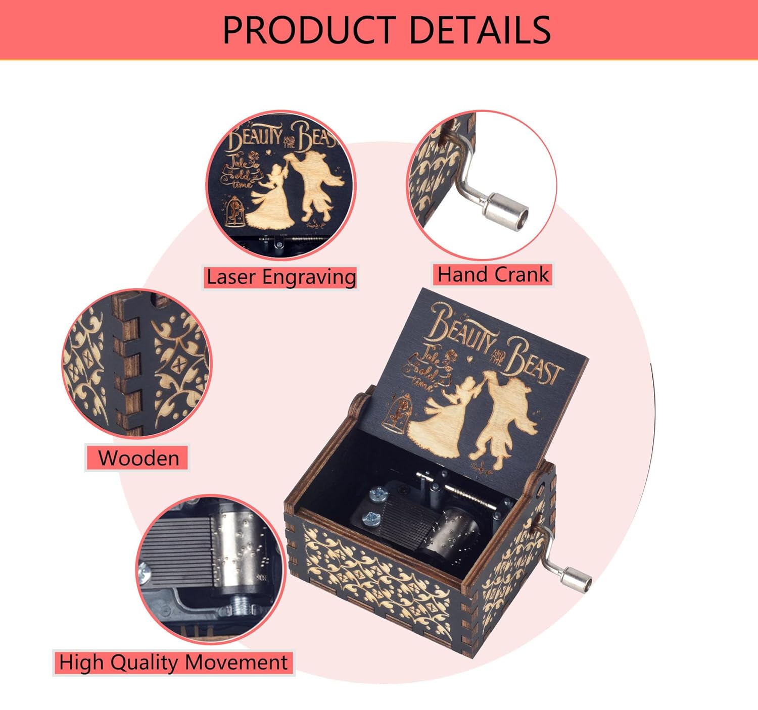 Beauty Music Box Beast Wooden Hand Crank Musical Box Gift for Her