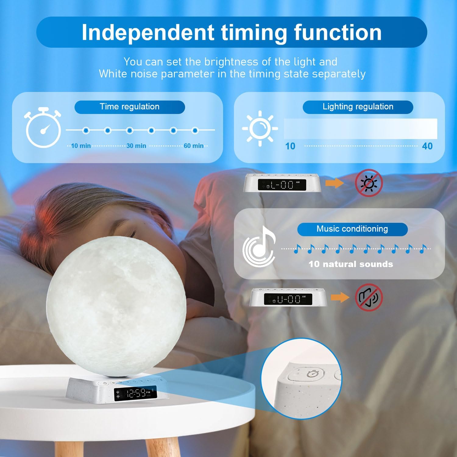 Moon Clock Light Alarm Clock with Sunrise and White Noise
