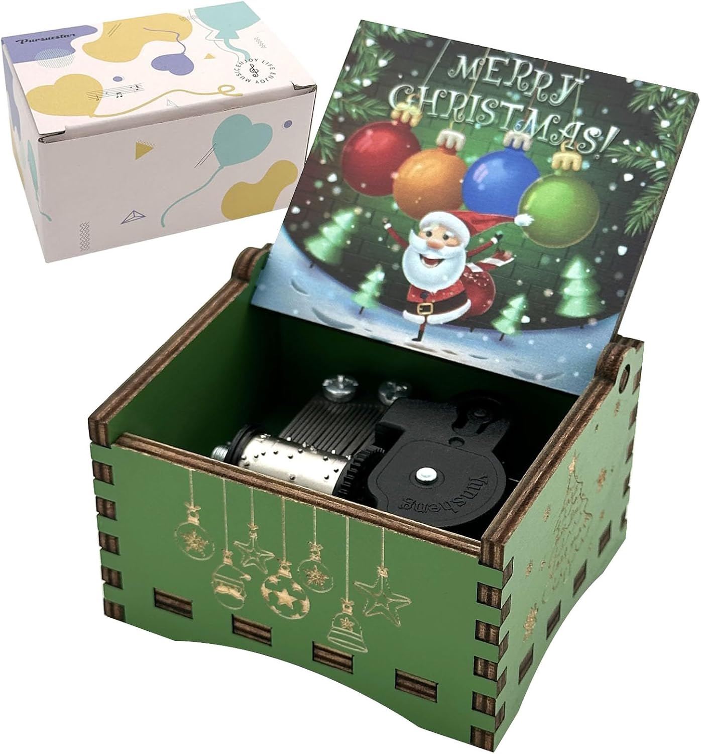 Pursuestar Green Wind Up Music Box - We Wish You a Merry Christmas