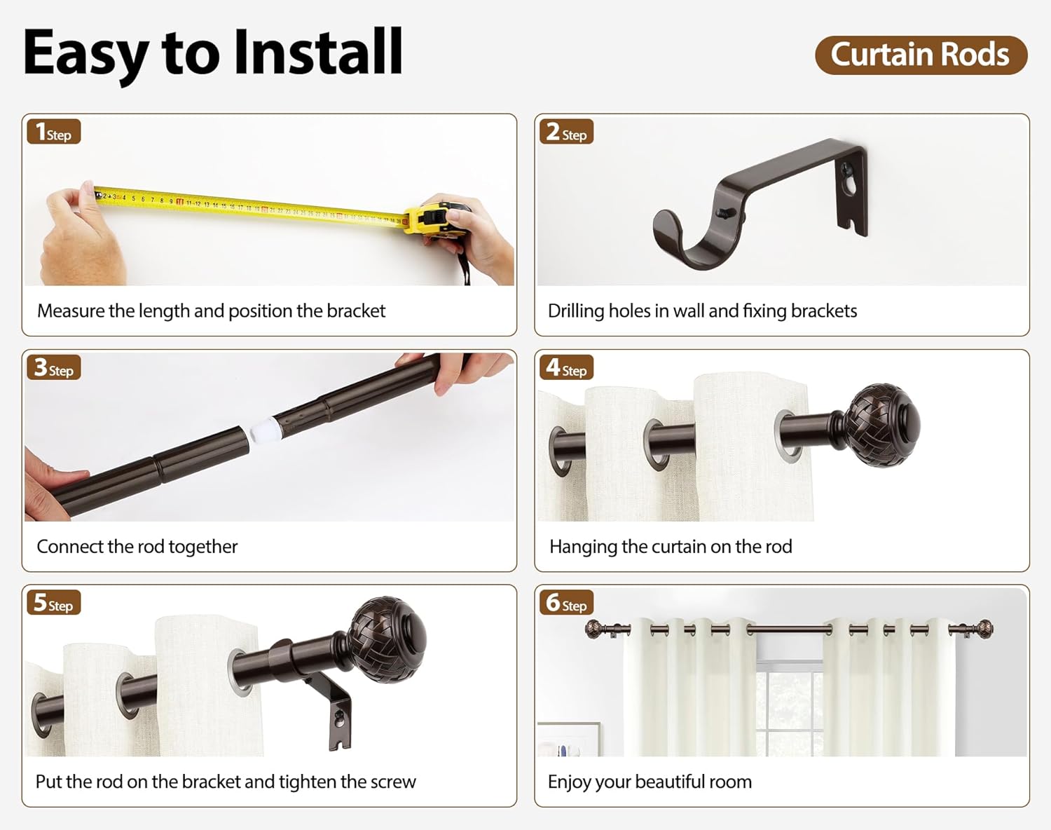 TONIAL Bronze Curtain Rod Adjustable 32-58 Inches