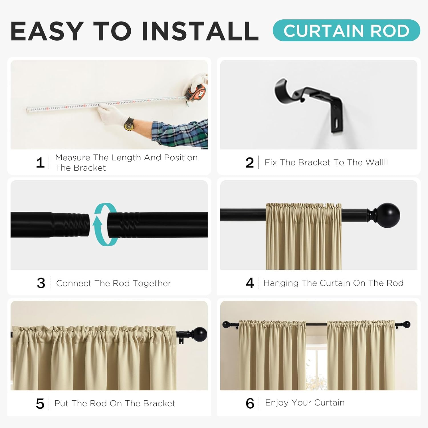 Joydeco Black Curtain Rods 32-144 Inches Adjustable Single Rods