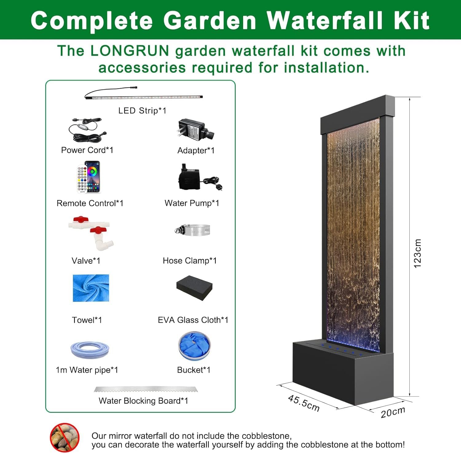Longrun Indoor Water Fountain with LED Light and Mirror Backdrop