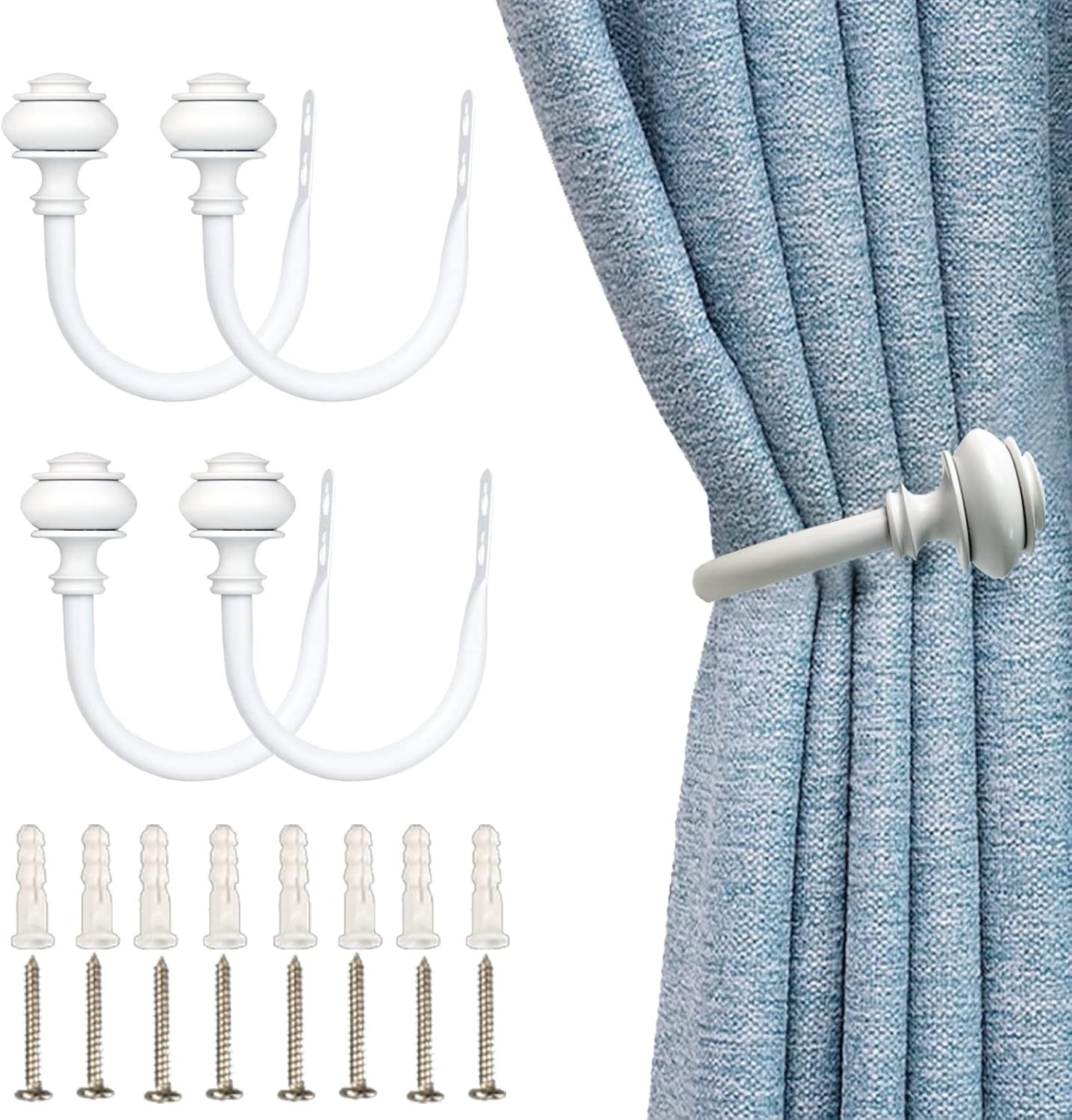 4Pcs Curtain Holdbacks - Wall Mounted Drapery Tiebacks with Screws White