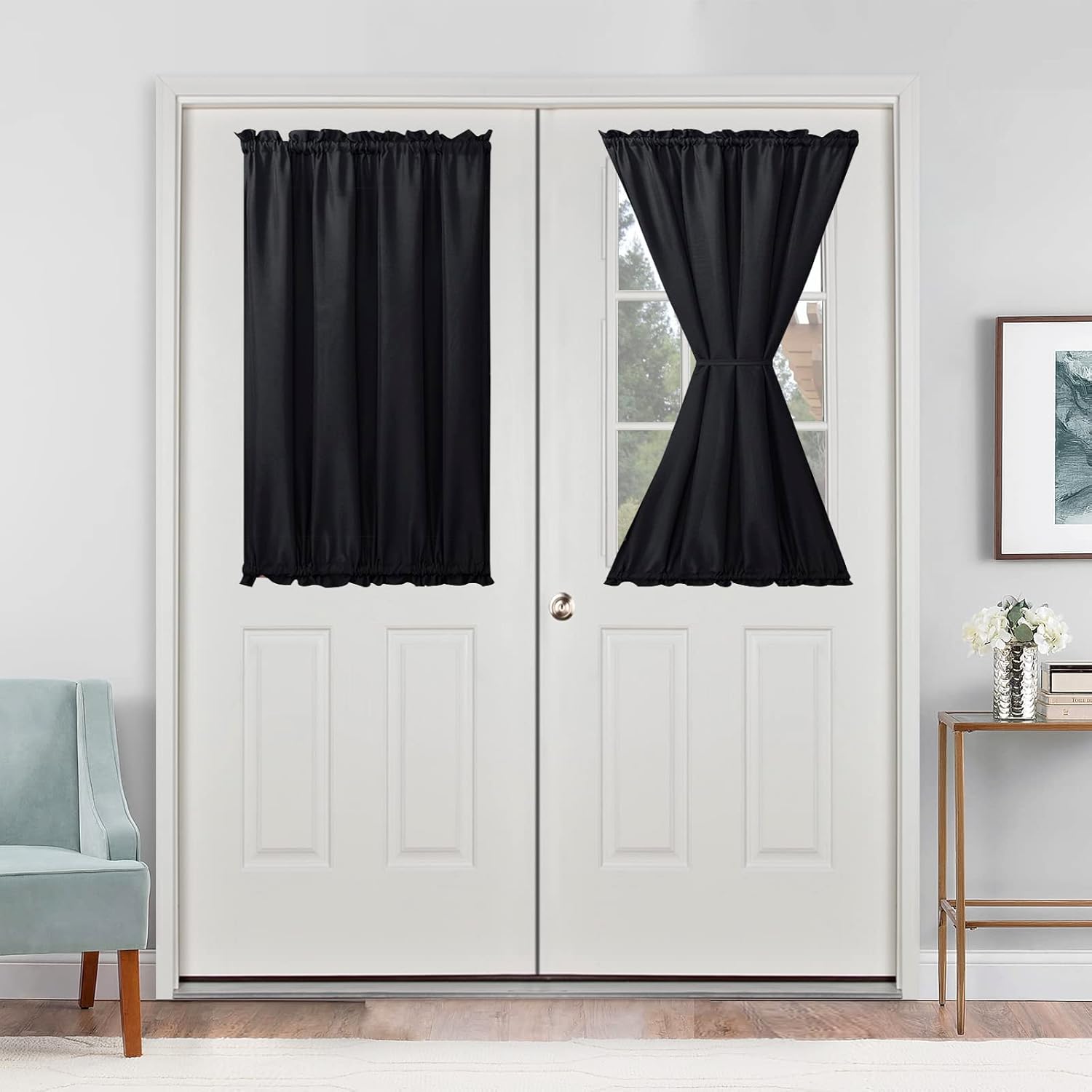 Hiasan French Door Curtains Panel Black 24x40 Inch Rod Pocket