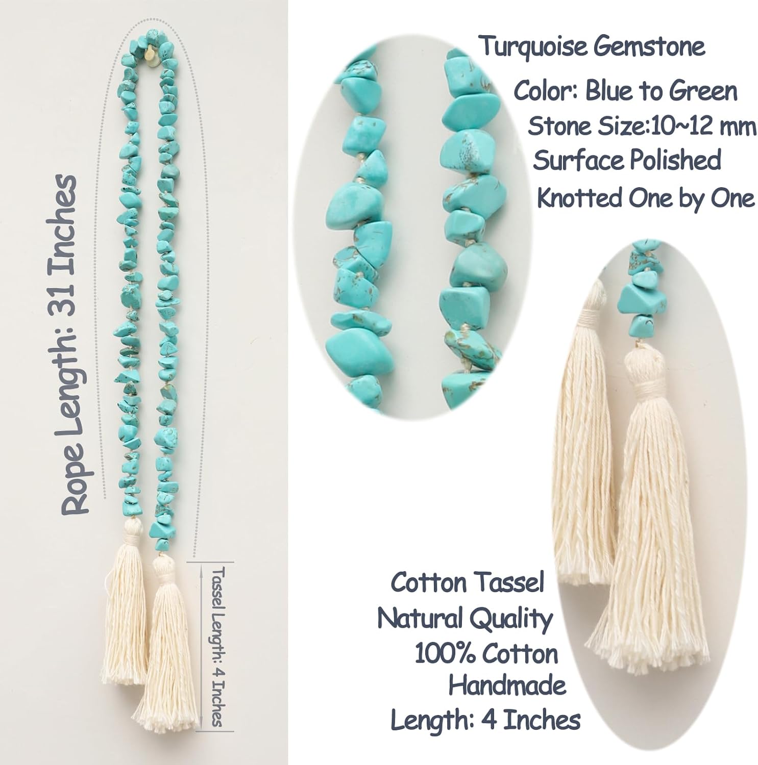 Natural Turquoise Gemstone Garland with Tassel 31 Inch Boho Decor