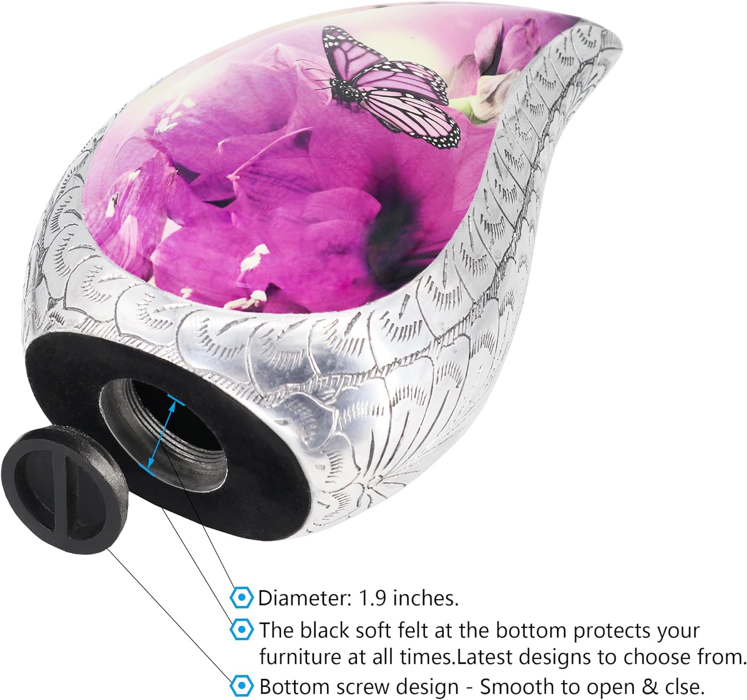 M Meilin Xu Teardrop Cremation Urn Purple Flower Butterfly Large
