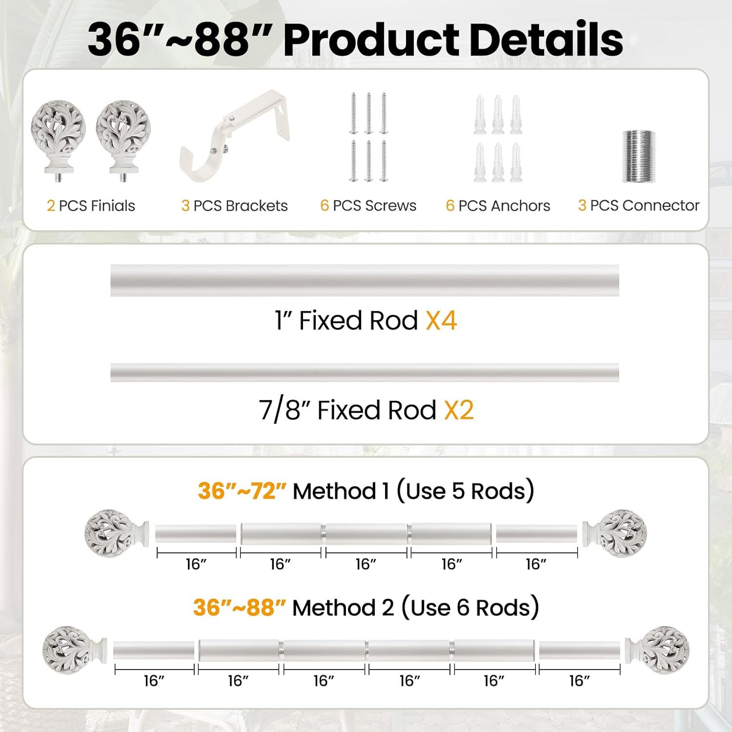 Weathered White Adjustable Curtain Rods 36-88 Inch