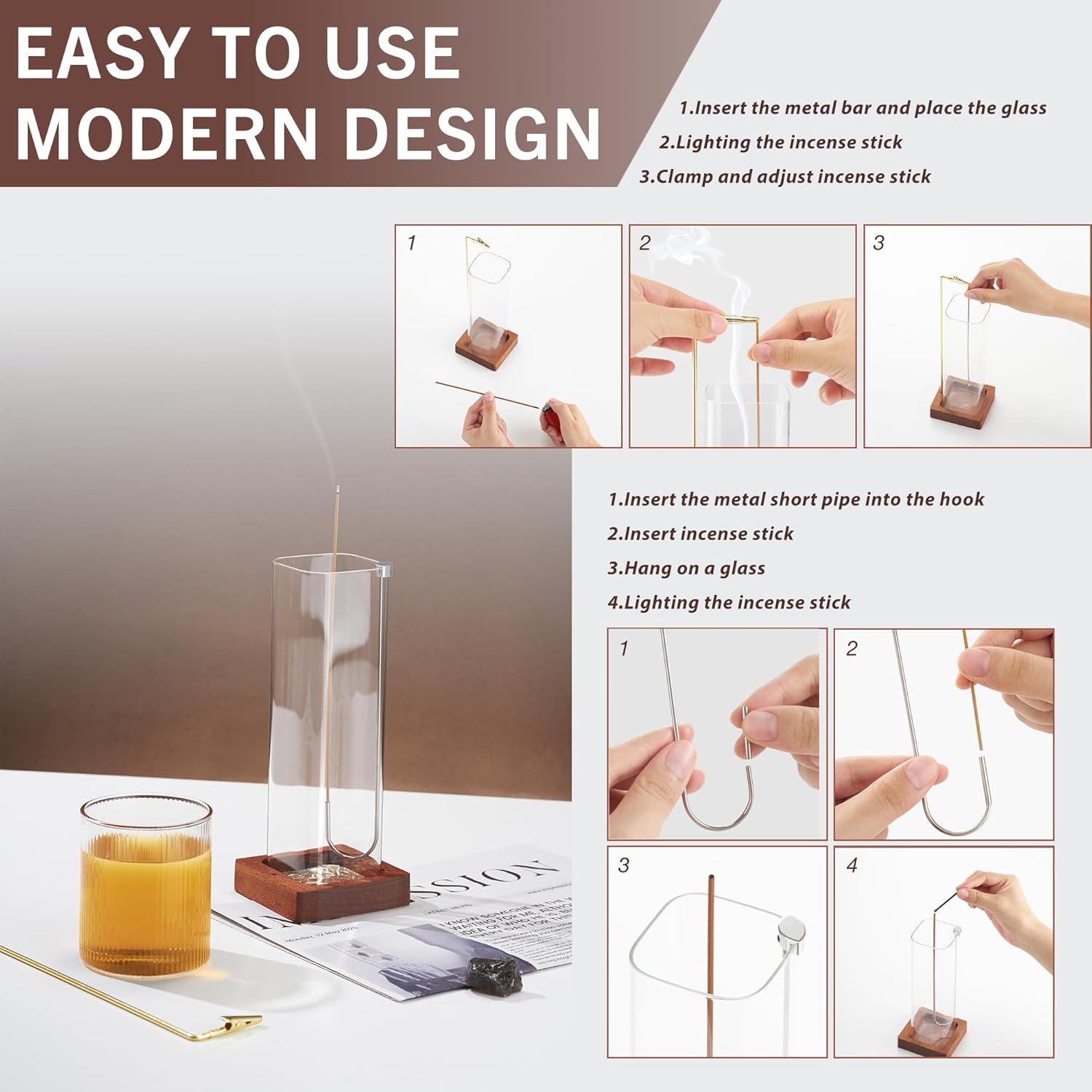 Elegant Incense Sticks Holder with Glass Ash Catcher and Wooden Base