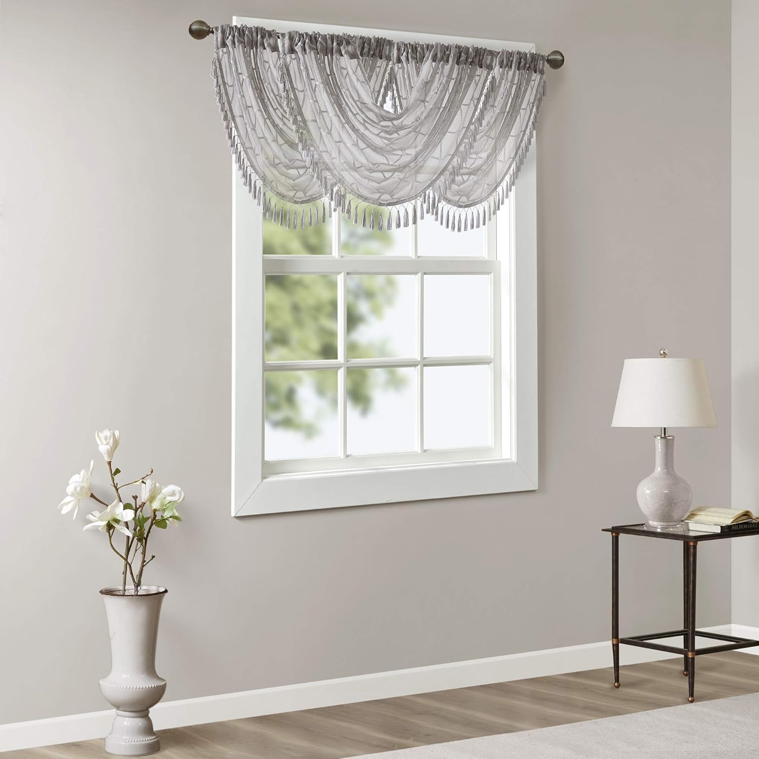 Madison Park Irina Diamond Sheer Embroidered Valance Grey 38W x 46L