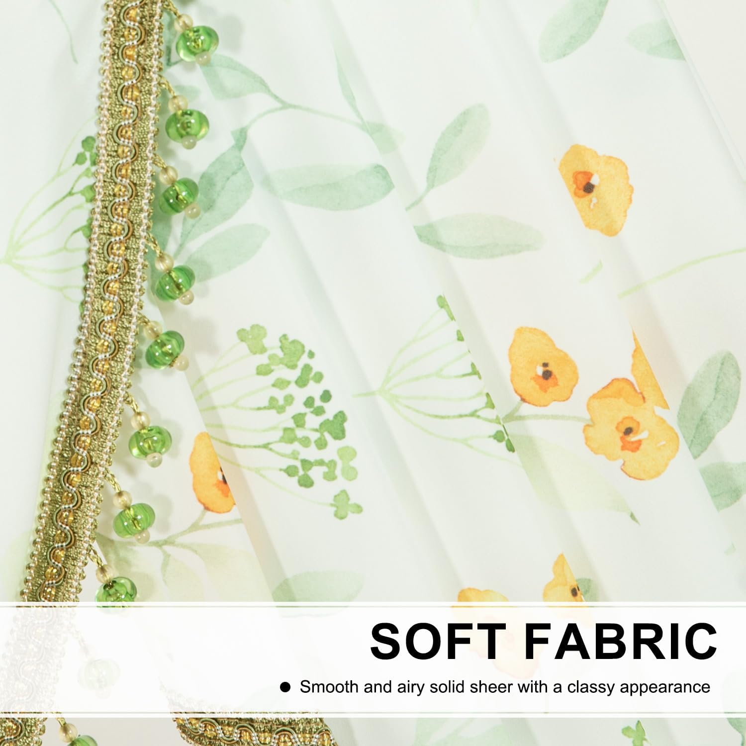 Leeva Luxury Sheer Valance Curtains with Bead Tassels and Plants Print Design