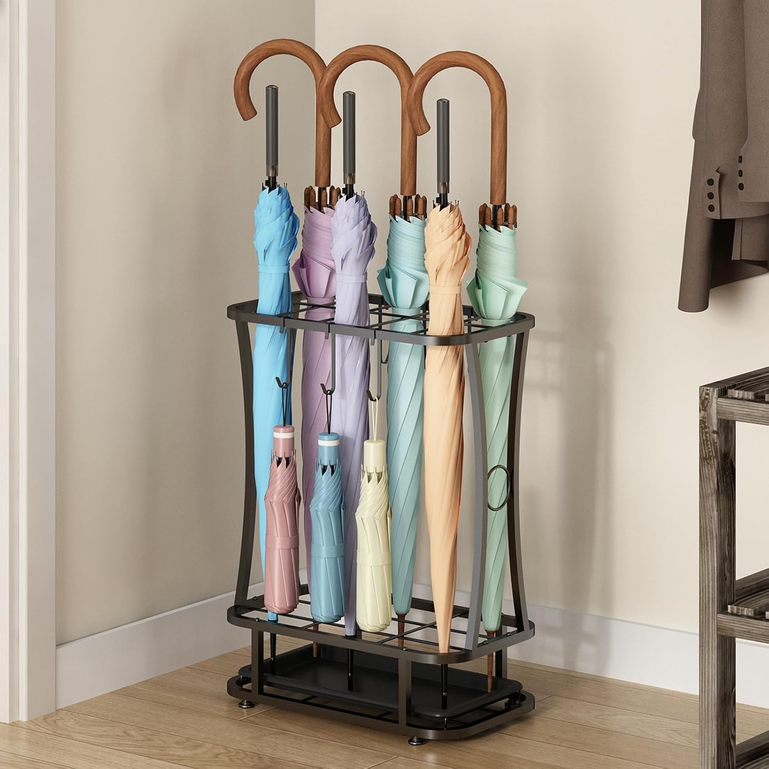 Wisdom Star Industrial Metal Umbrella Stand with Drip Tray and 6 Hooks