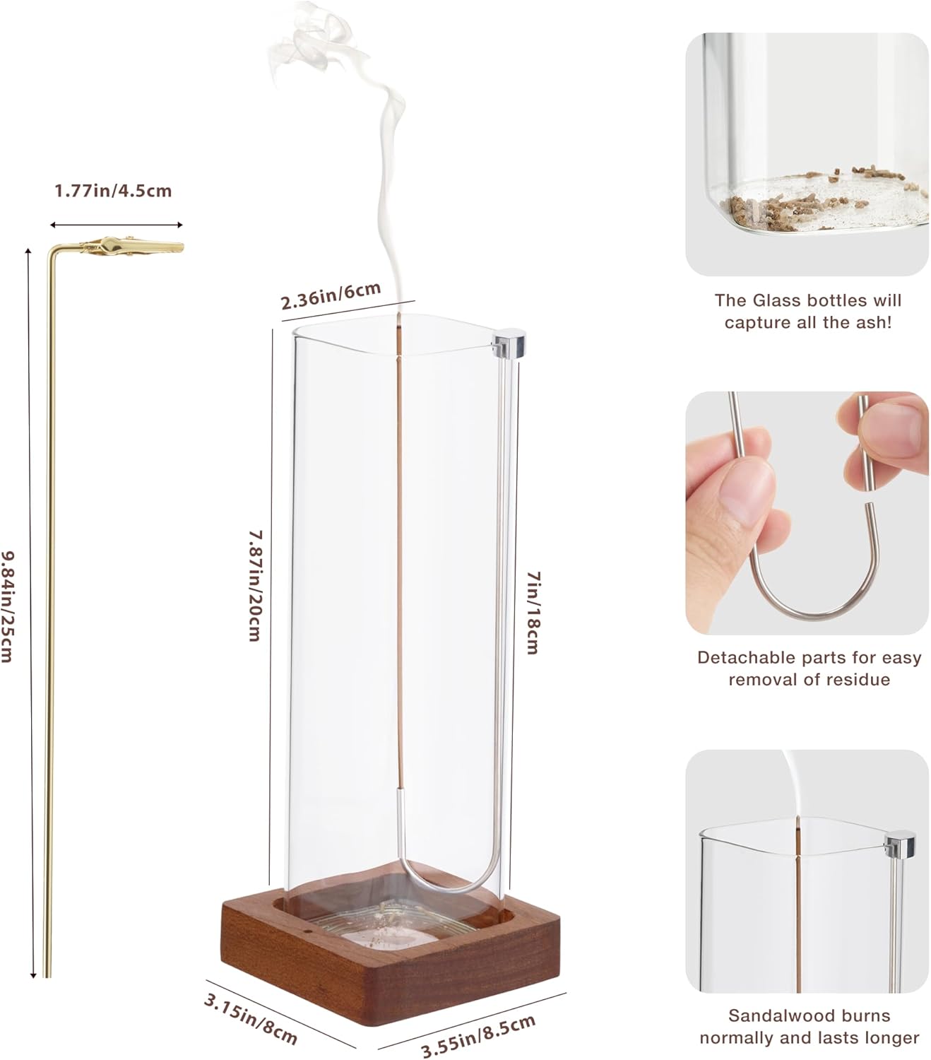 Elegant Incense Sticks Holder with Glass Ash Catcher and Wooden Base