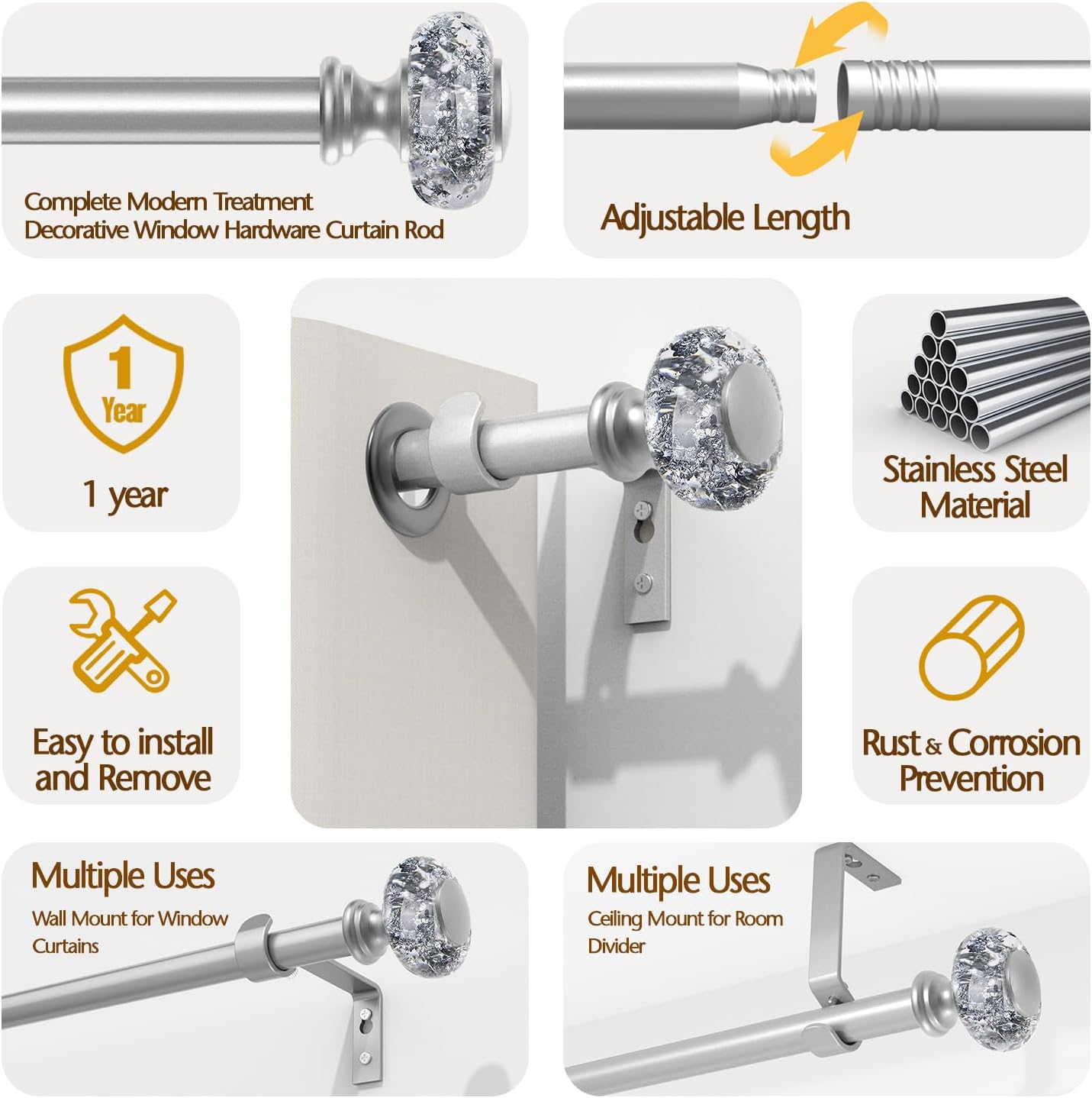 VOREFF Silver Curtain Rod 32-72 Inch Single Rod