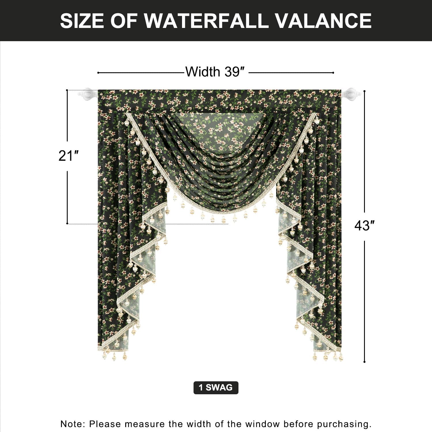 Leeva Farmhouse Style Waterfall Valance with Cherry Blossom Print and Beaded Trim
