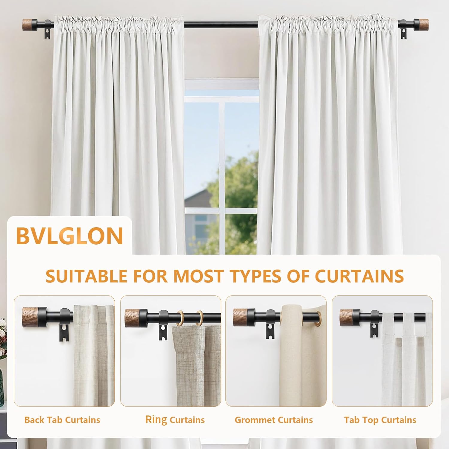 Wooden Curtain Rods 48-84 Inch Adjustable Farmhouse Rustic