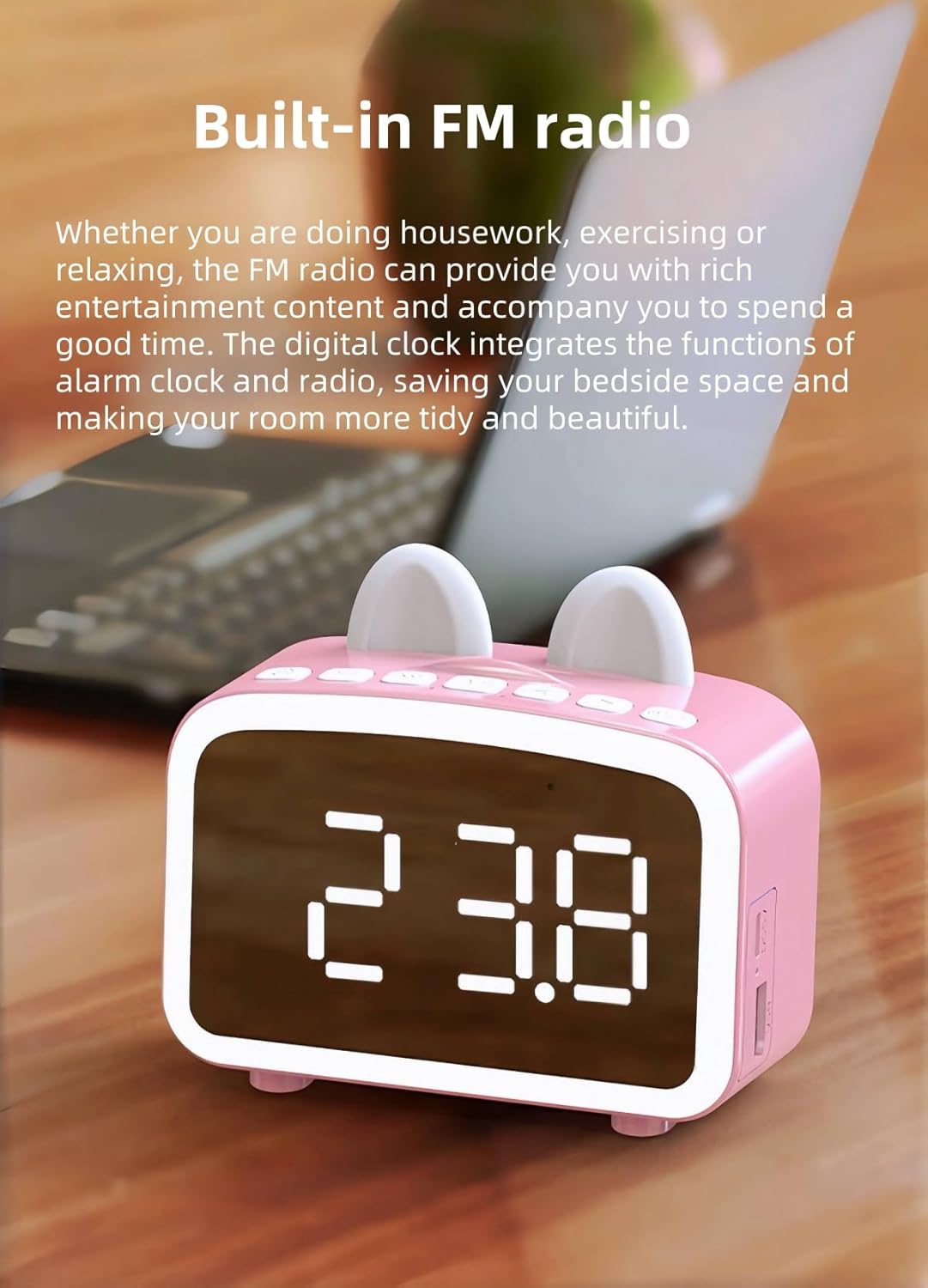 Bluetooth Alarm Clock with FM Radio and Night Light Pink