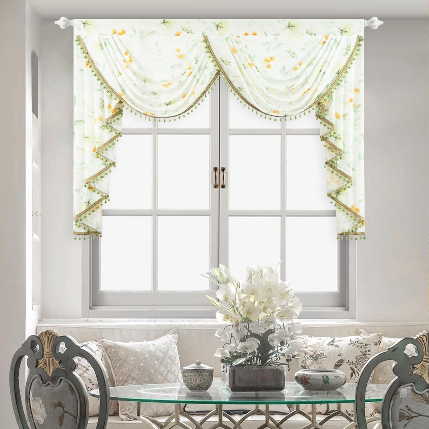 Leeva Luxury Sheer Valance Curtains with Bead Tassels and Plants Print Design