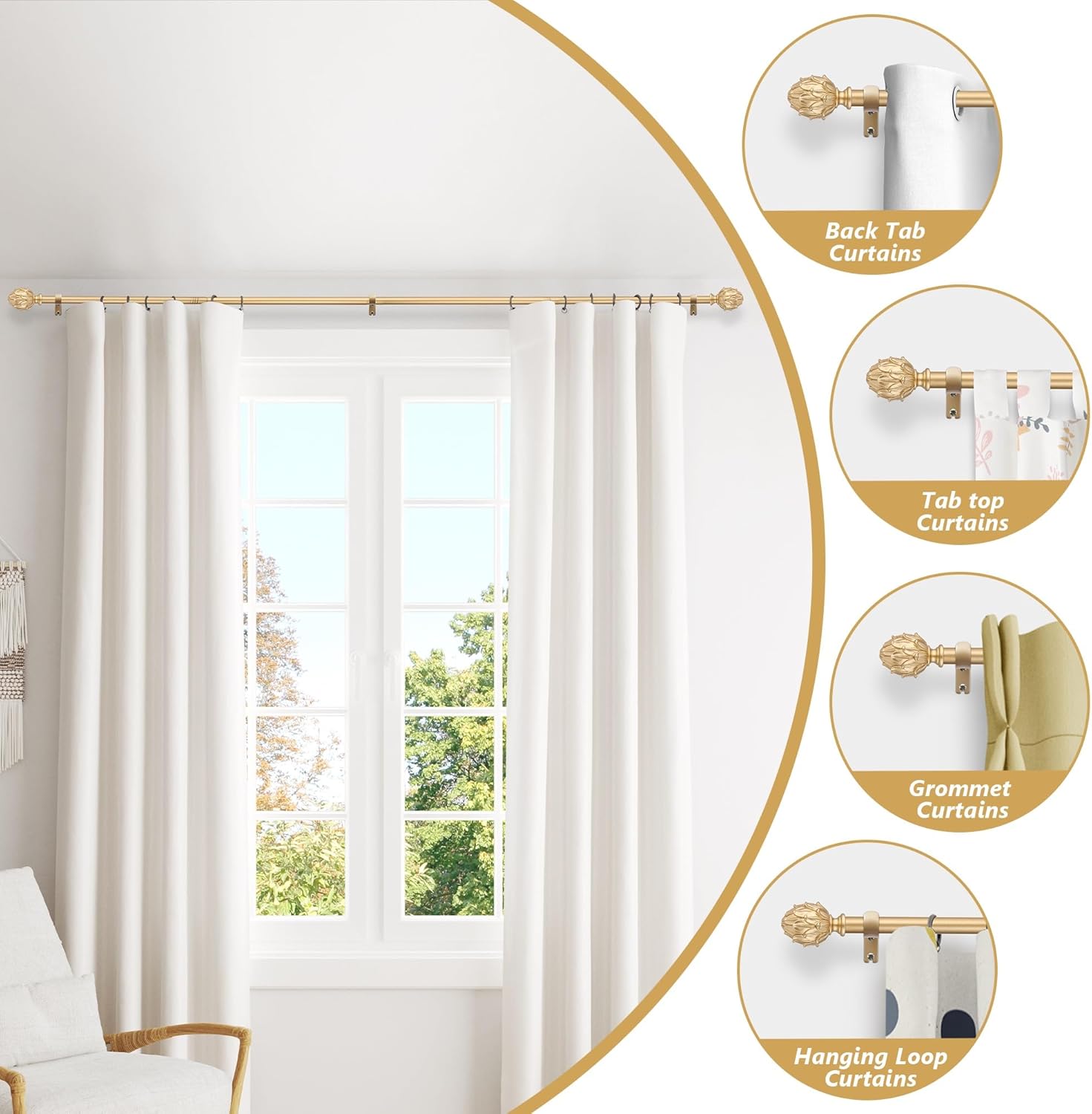 Adjustable Curtain Rods 48-84 Inches 1 Inch Diameter Gold Finials
