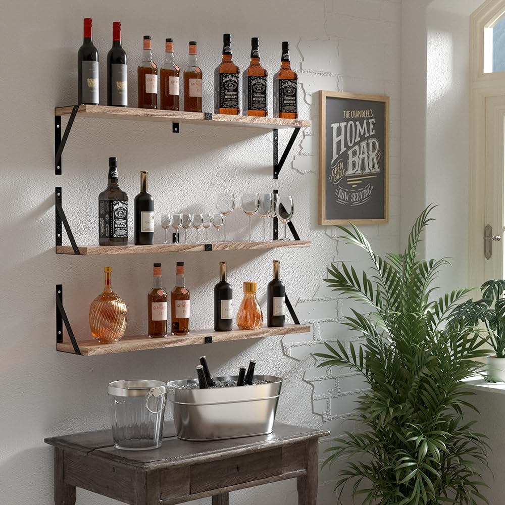 Set of 3 Floating Wood Shelves with Carbonized Black Finish