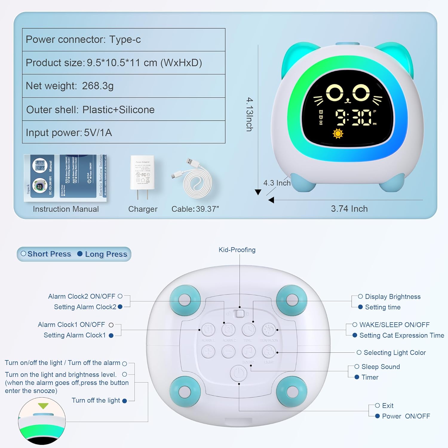 Aurora Blue Cat Ear Alarm Clock for Kids