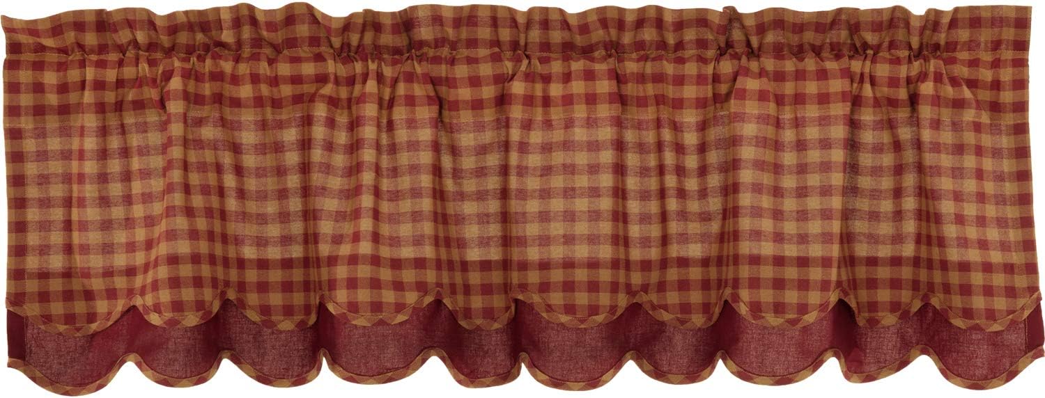 VHC Brands Burgundy Check Valance 16x60 Red Rod Pocket Cotton Curtains